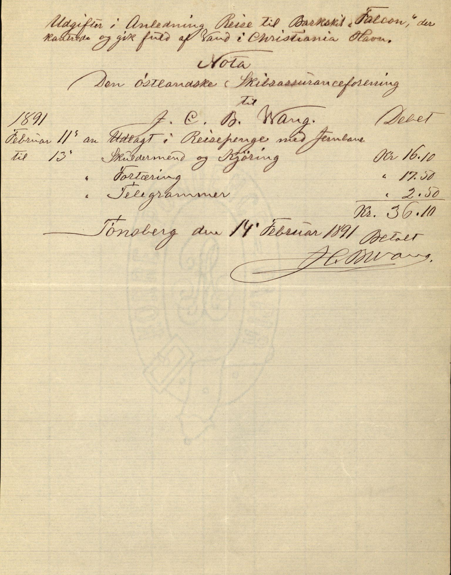 Pa 63 - Østlandske skibsassuranceforening, VEMU/A-1079/G/Ga/L0027/0011: Havaridokumenter / Louise, Lucie, Falcon, Ingeborg av Laurvig, Imperator, 1891, s. 23
