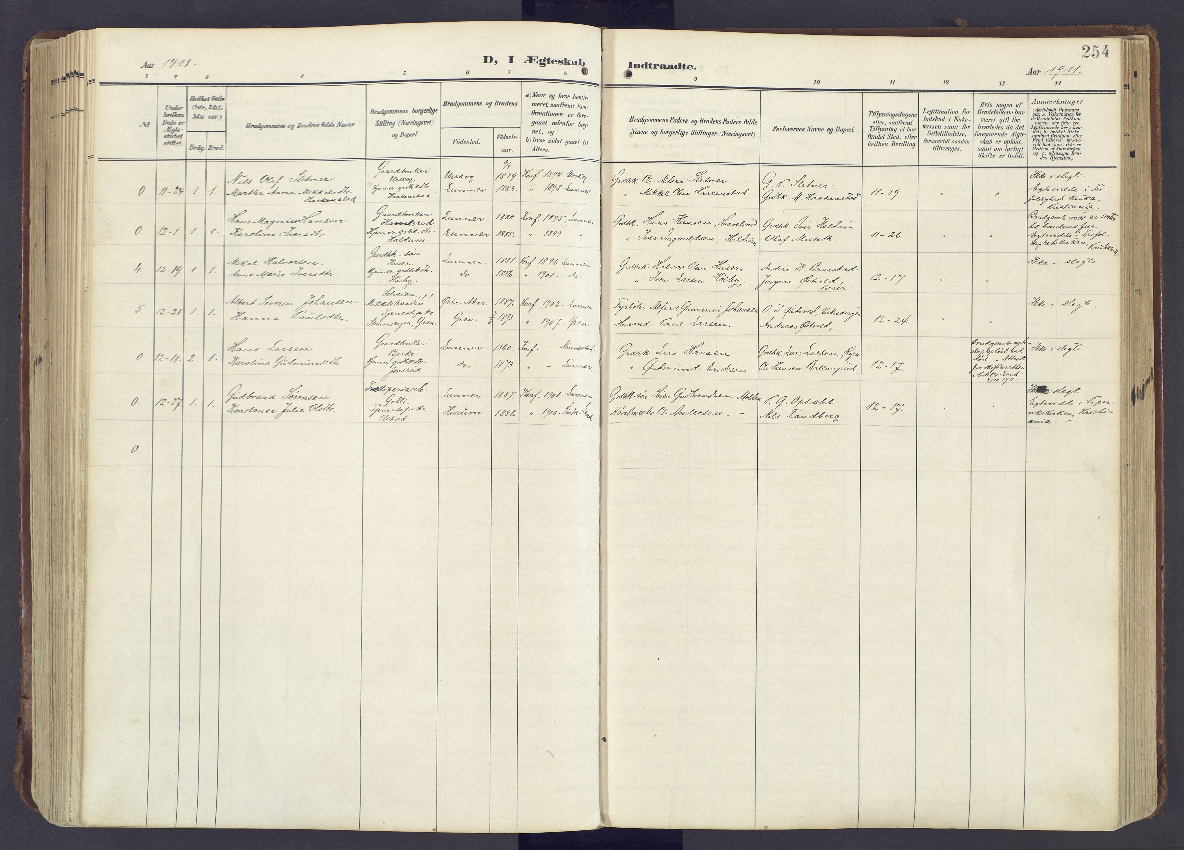 Lunner prestekontor, AV/SAH-PREST-118/H/Ha/Haa/L0001: Ministerialbok nr. 1, 1907-1922, s. 254