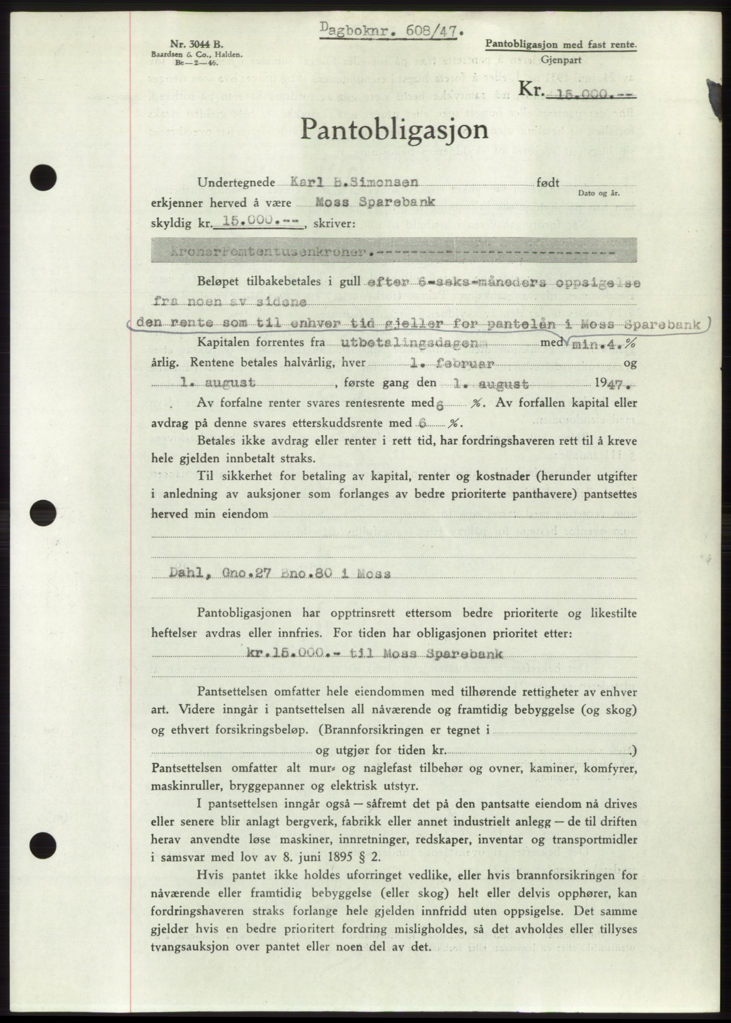 Moss sorenskriveri, SAO/A-10168: Pantebok nr. B16, 1946-1947, Dagboknr: 608/1947