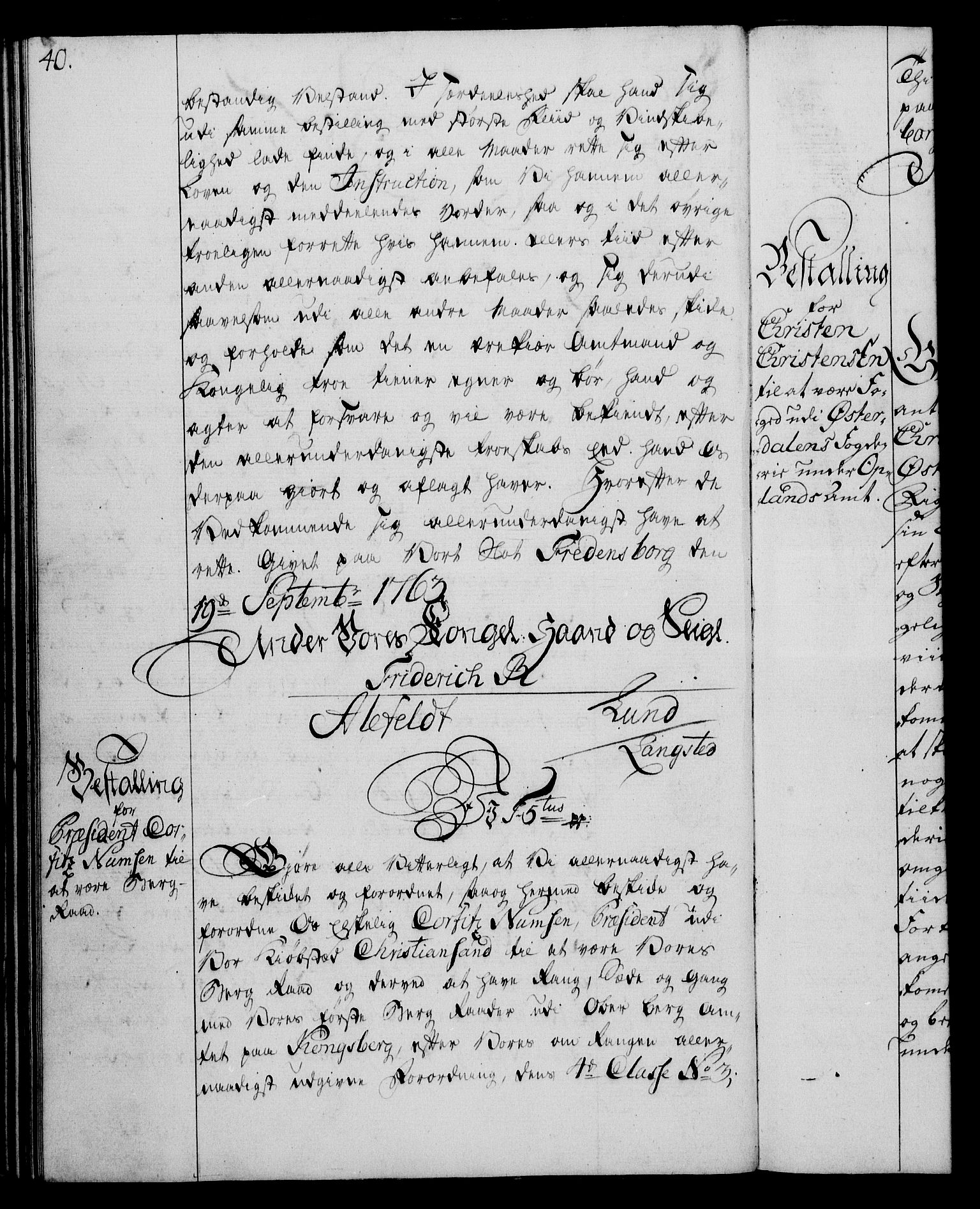 Rentekammeret, Kammerkanselliet, RA/EA-3111/G/Gg/Gge/L0004: Norsk bestallingsprotokoll med register (merket RK 53.28), 1762-1771, s. 40
