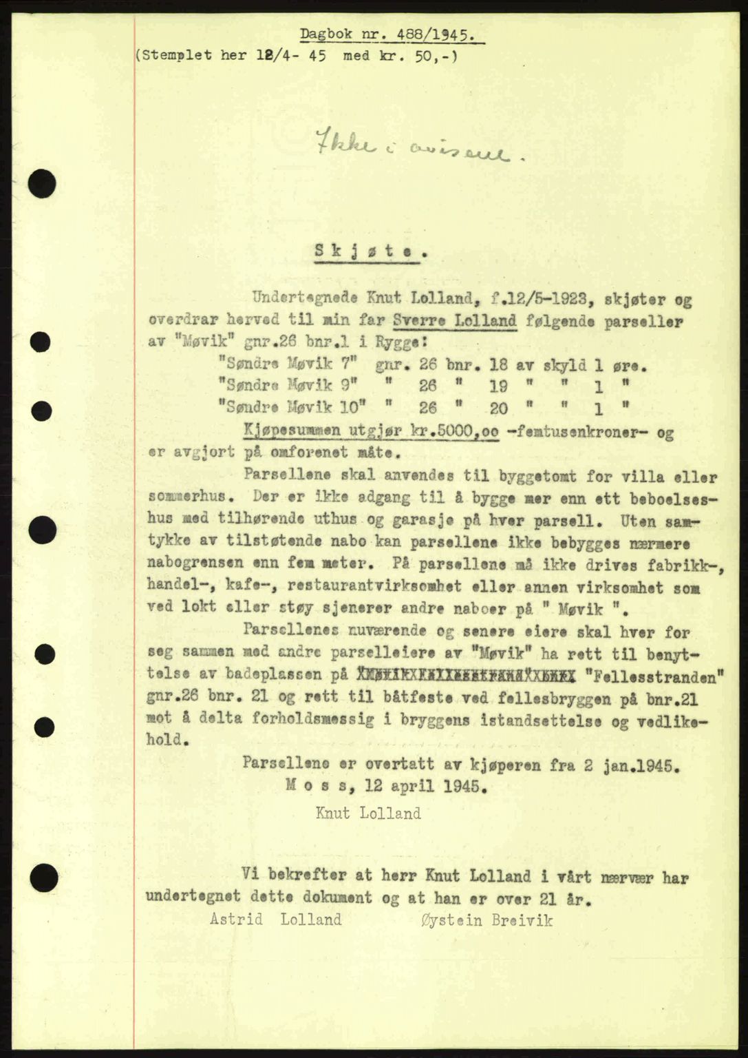Moss sorenskriveri, SAO/A-10168: Pantebok nr. A13, 1944-1945, Dagboknr: 488/1945