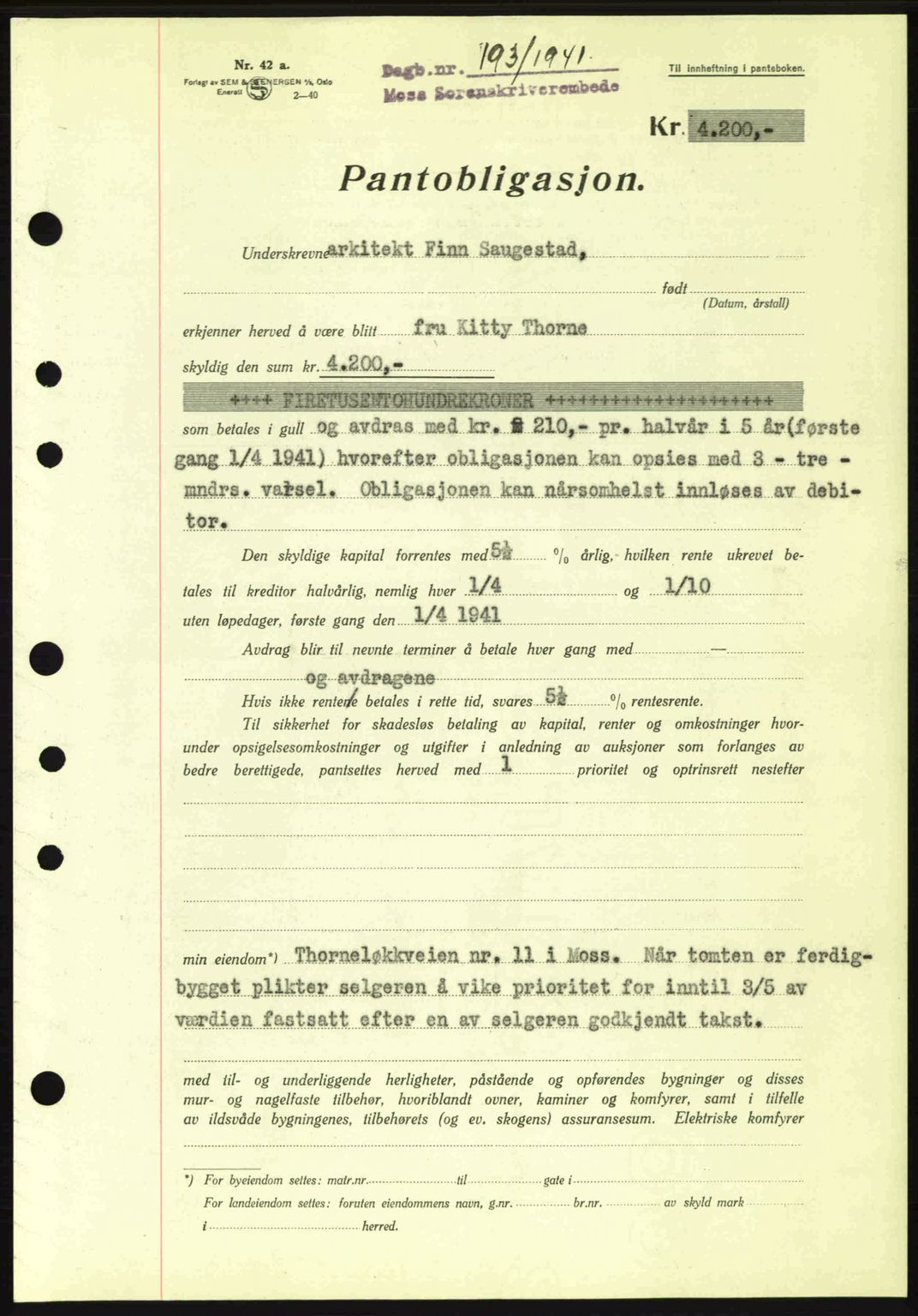 Moss sorenskriveri, SAO/A-10168: Pantebok nr. B10, 1940-1941, Dagboknr: 193/1941