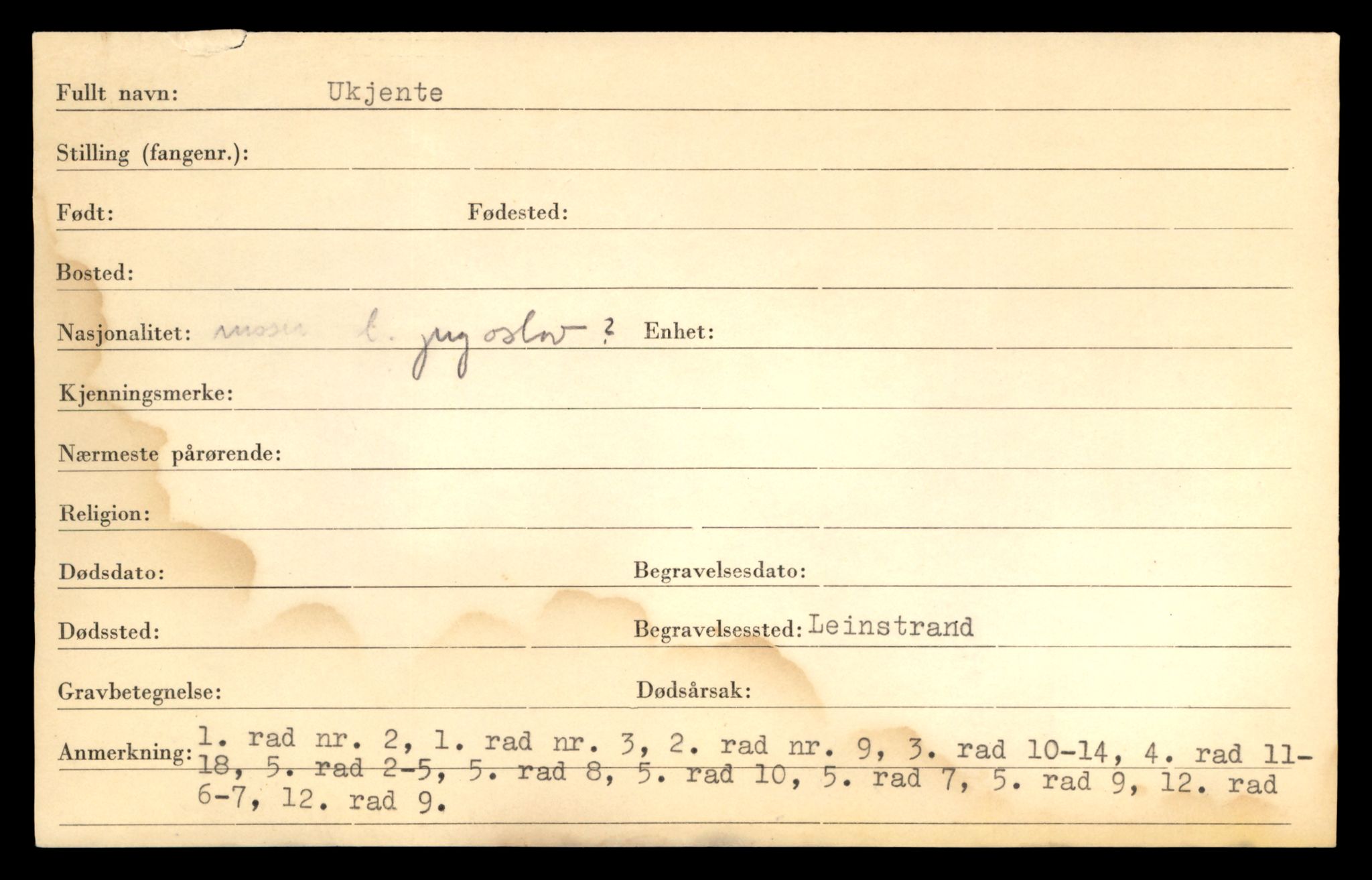 Distriktskontoret for krigsgraver, SAT/A-5030/E/L0005: Kasett/kartotek over falne Britiske og tyske solater, samt andre nasjoners krigsgraver, 1945, s. 1849