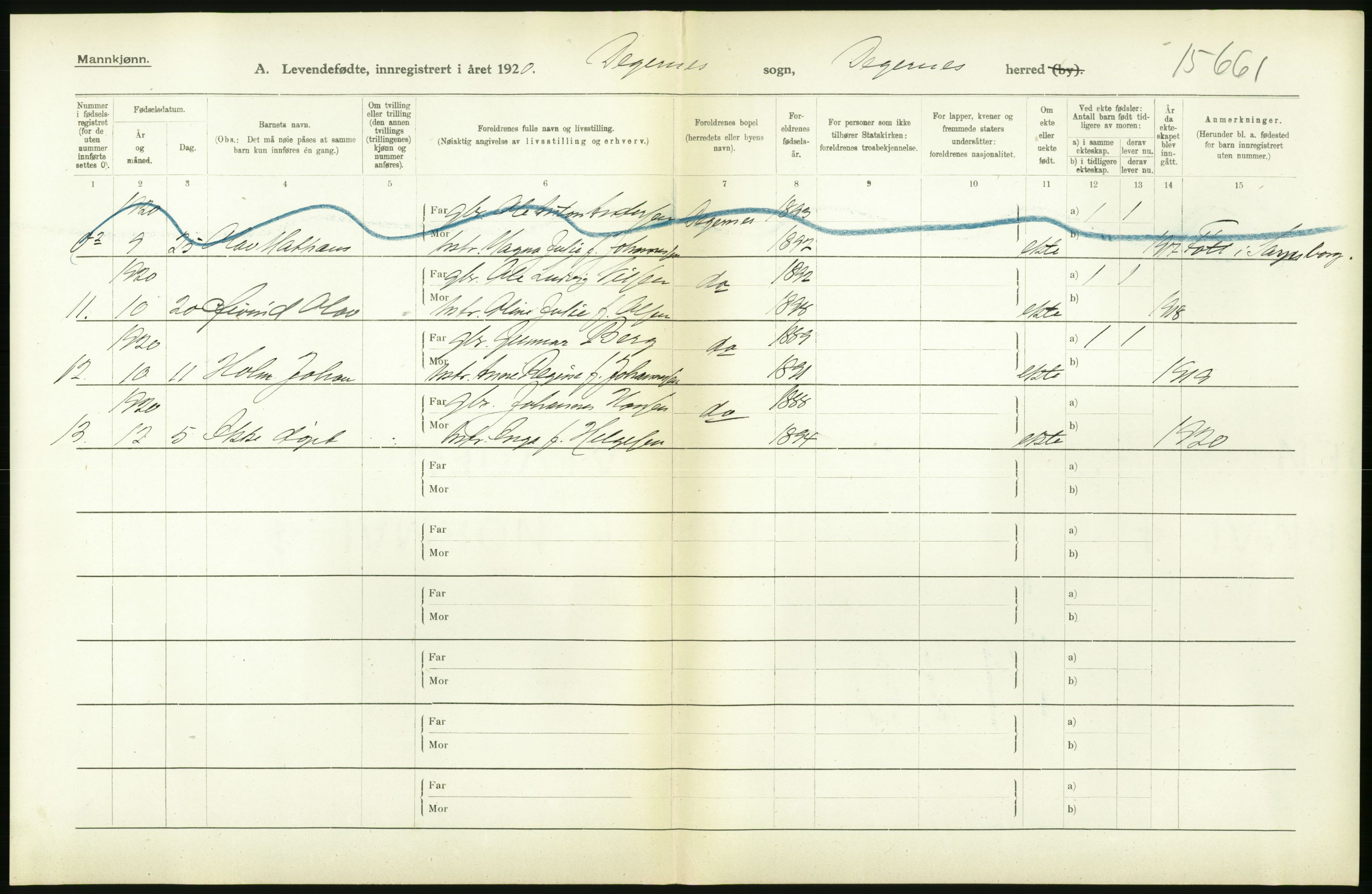 Statistisk sentralbyrå, Sosiodemografiske emner, Befolkning, RA/S-2228/D/Df/Dfb/Dfbj/L0001: Østfold fylke: Levendefødte menn og kvinner. Bygder., 1920, s. 312