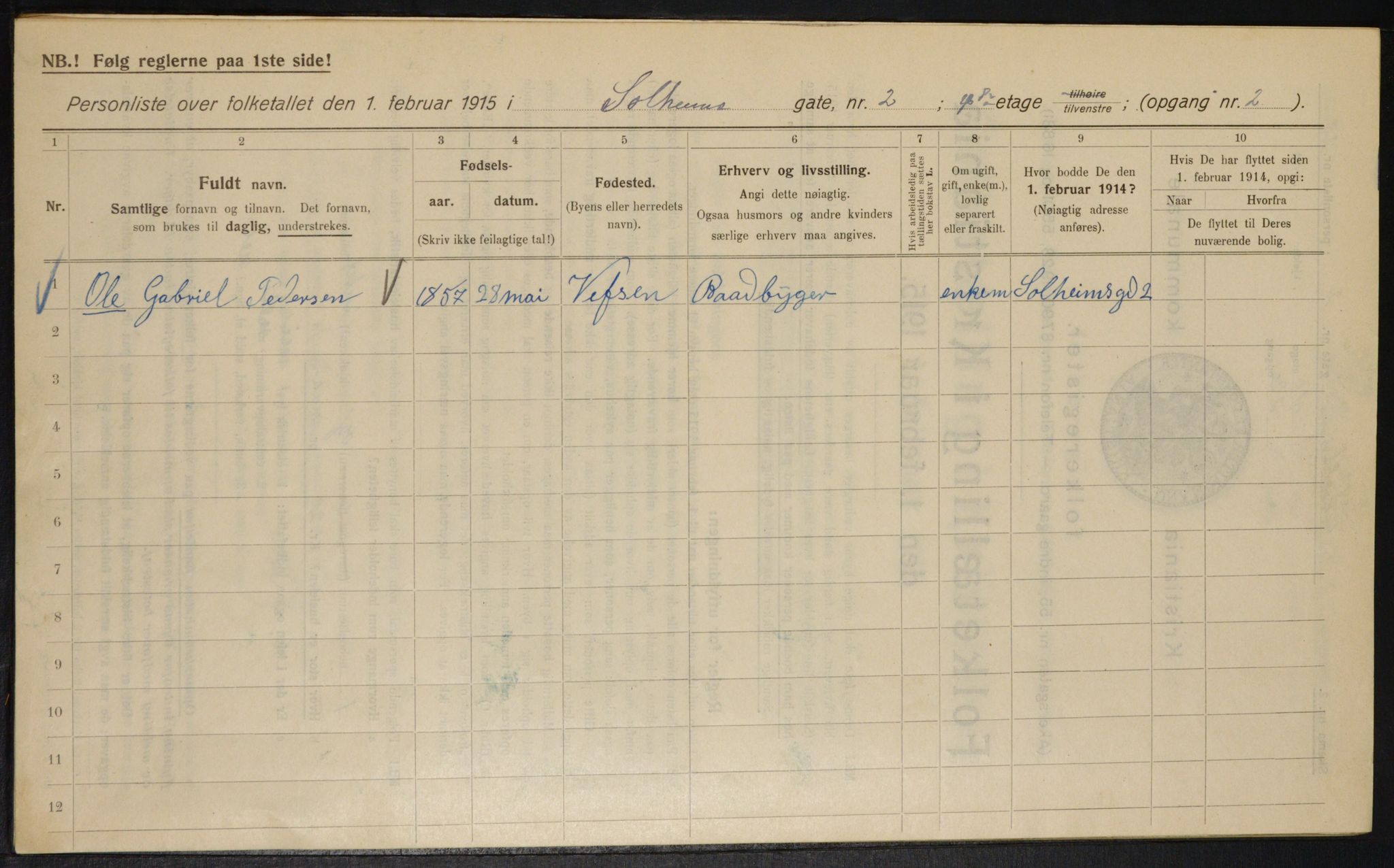 OBA, Kommunal folketelling 1.2.1915 for Kristiania, 1915, s. 99389