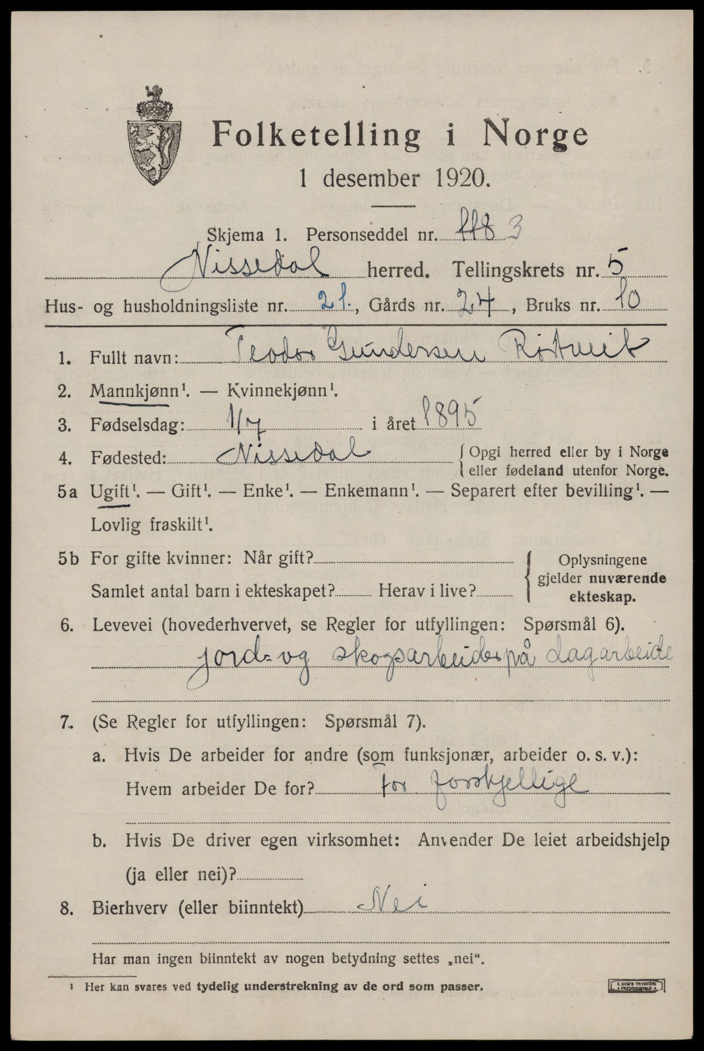 SAKO, Folketelling 1920 for 0830 Nissedal herred, 1920, s. 2265