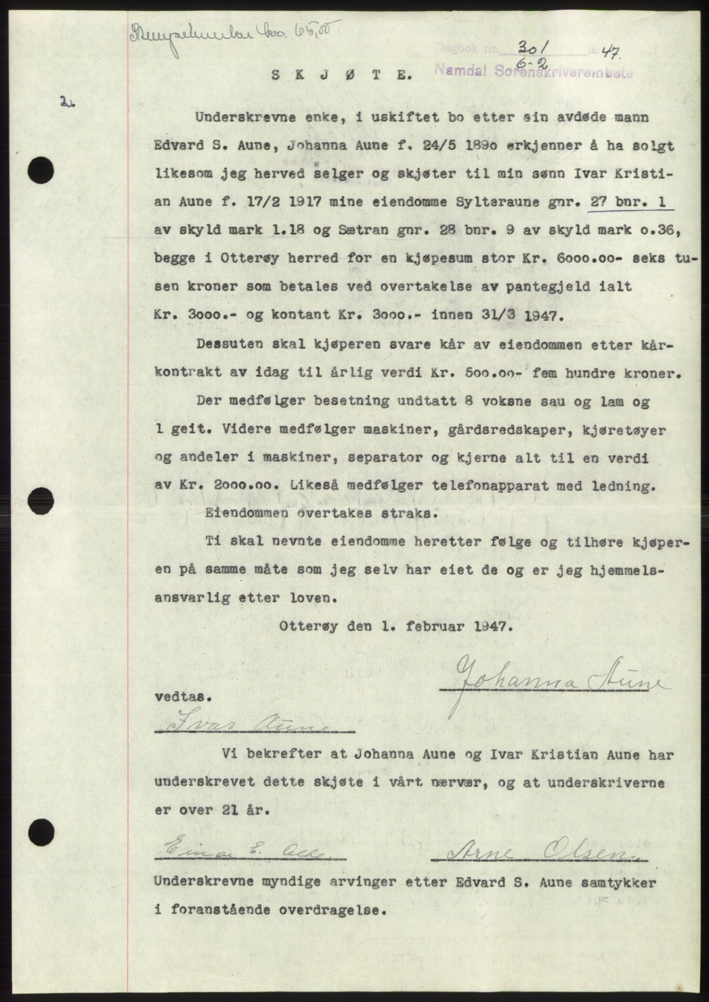 Namdal sorenskriveri, SAT/A-4133/1/2/2C: Pantebok nr. -, 1946-1947, Dagboknr: 301/1947