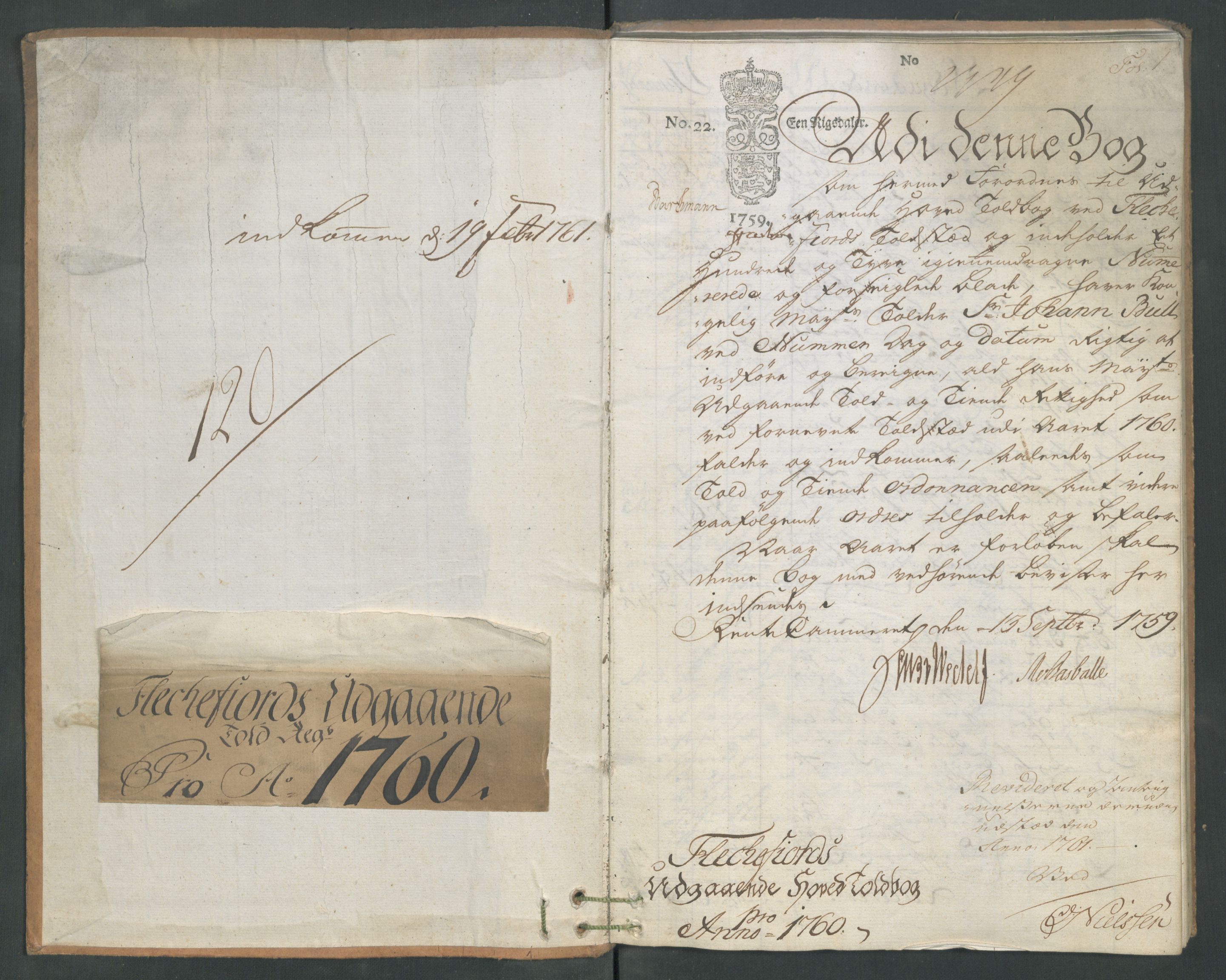 Generaltollkammeret, tollregnskaper, AV/RA-EA-5490/R19/L0019/0005: Tollregnskaper Flekkefjord / Utgående hovedtollbok, 1760