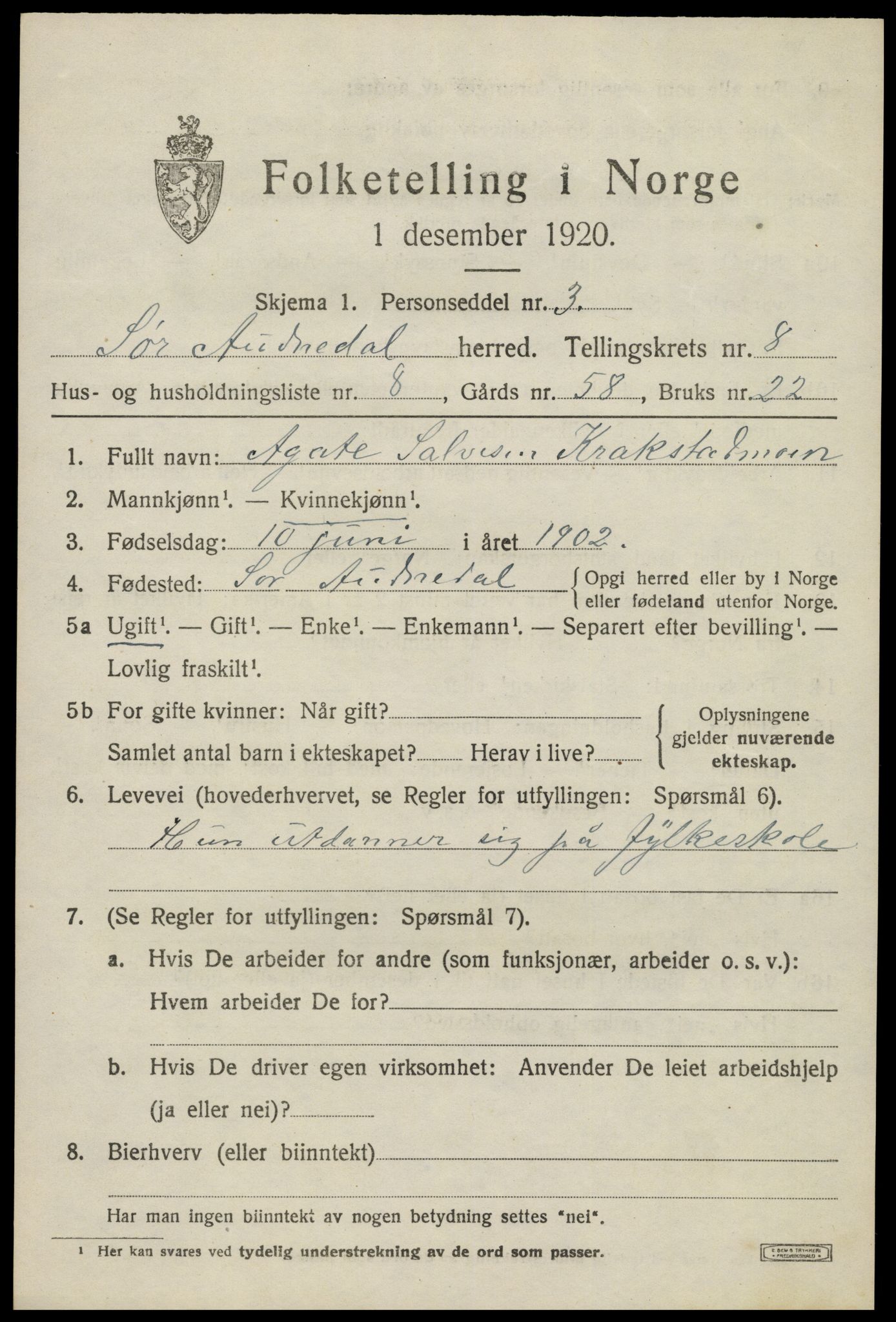 SAK, Folketelling 1920 for 1029 Sør-Audnedal herred, 1920, s. 3273