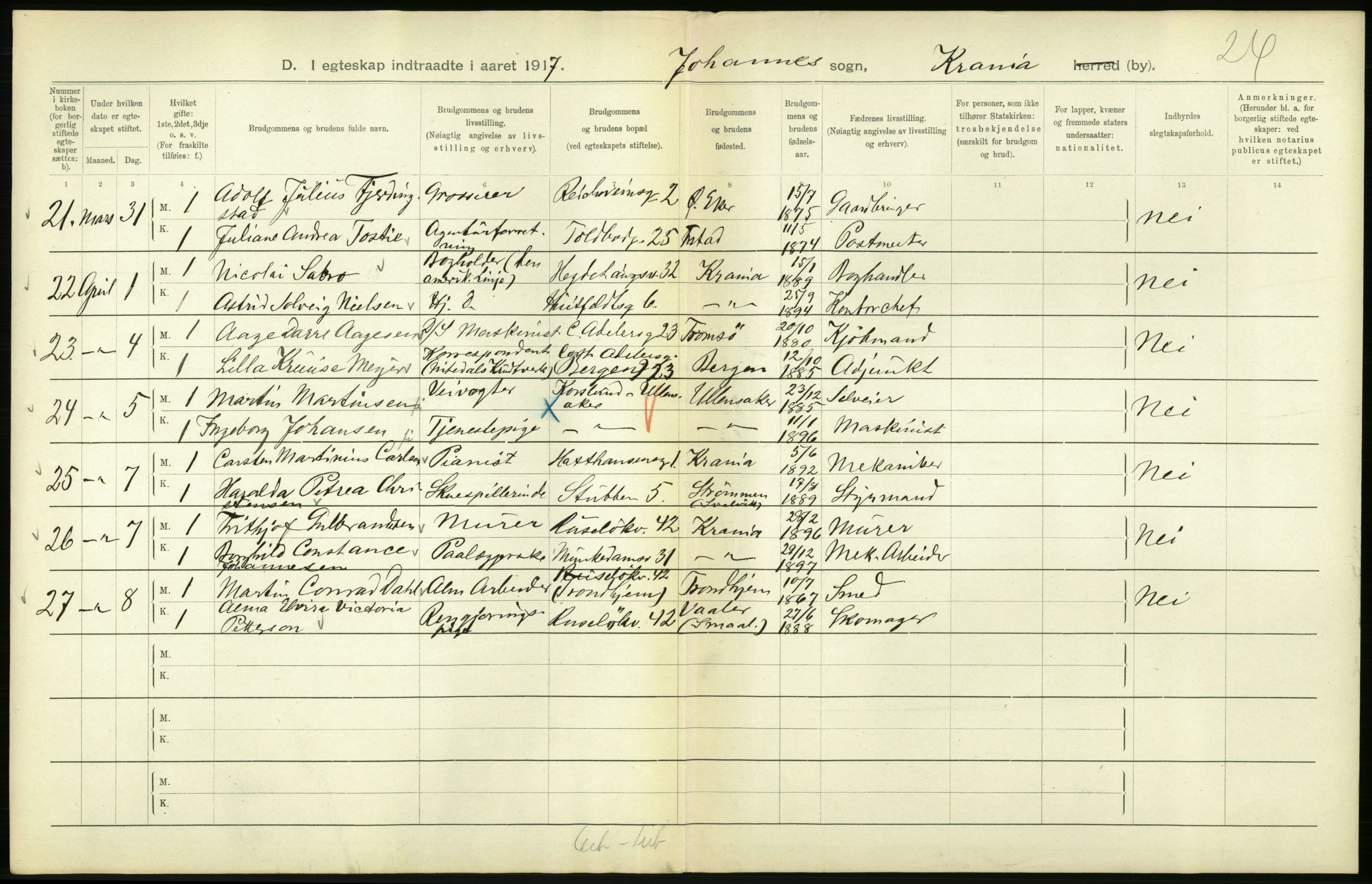 Statistisk sentralbyrå, Sosiodemografiske emner, Befolkning, AV/RA-S-2228/D/Df/Dfb/Dfbg/L0008: Kristiania: Gifte, 1917, s. 306