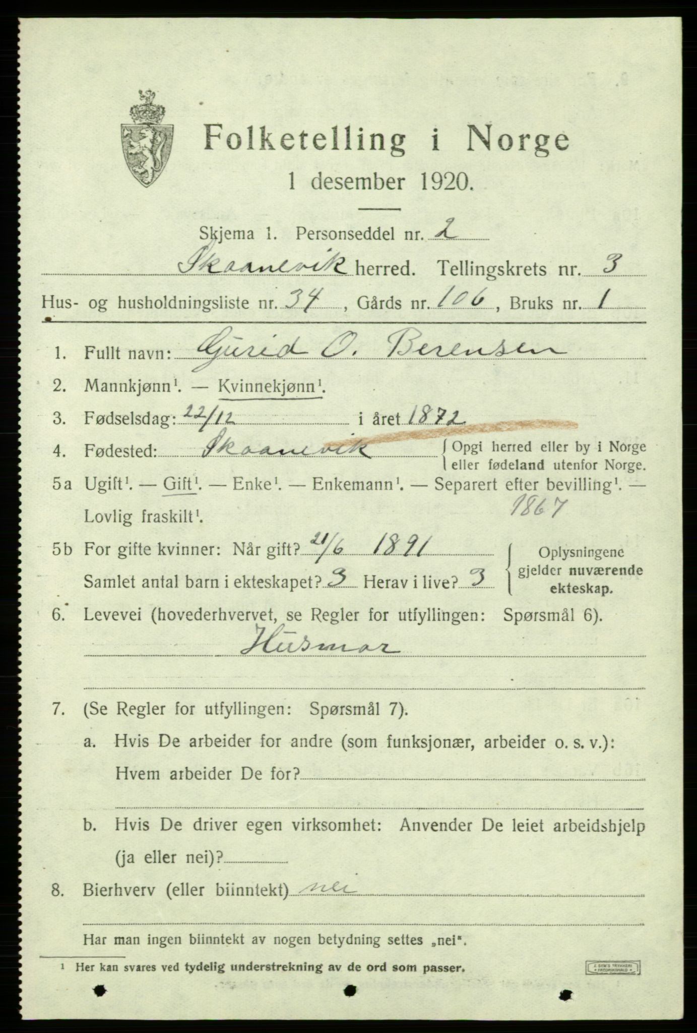 SAB, Folketelling 1920 for 1212 Skånevik herred, 1920, s. 3167