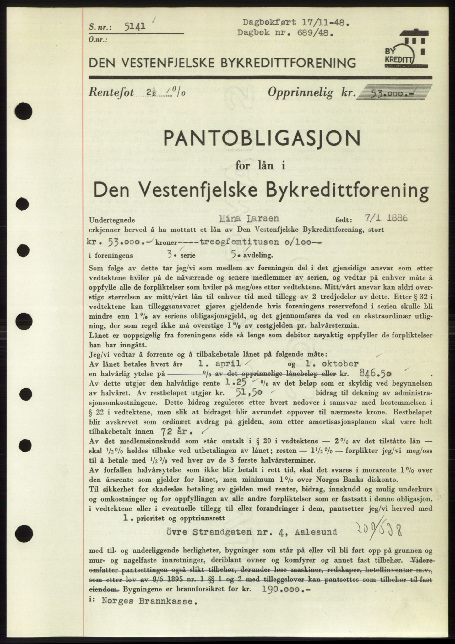 Ålesund byfogd, SAT/A-4384: Pantebok nr. B36-38, 1948-1950, Dagboknr: 689/1948