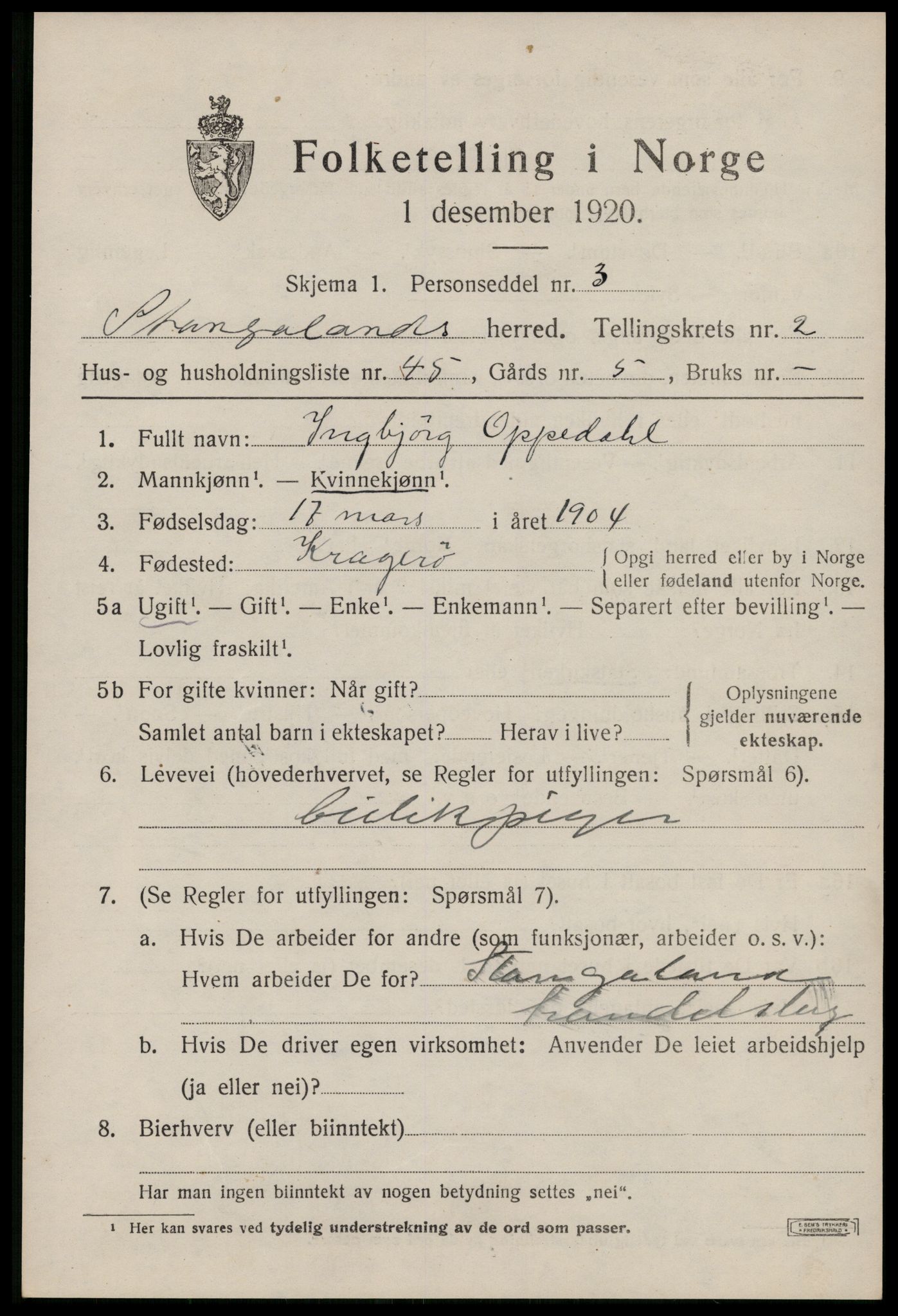 SAST, Folketelling 1920 for 1148 Stangaland herred, 1920, s. 1771