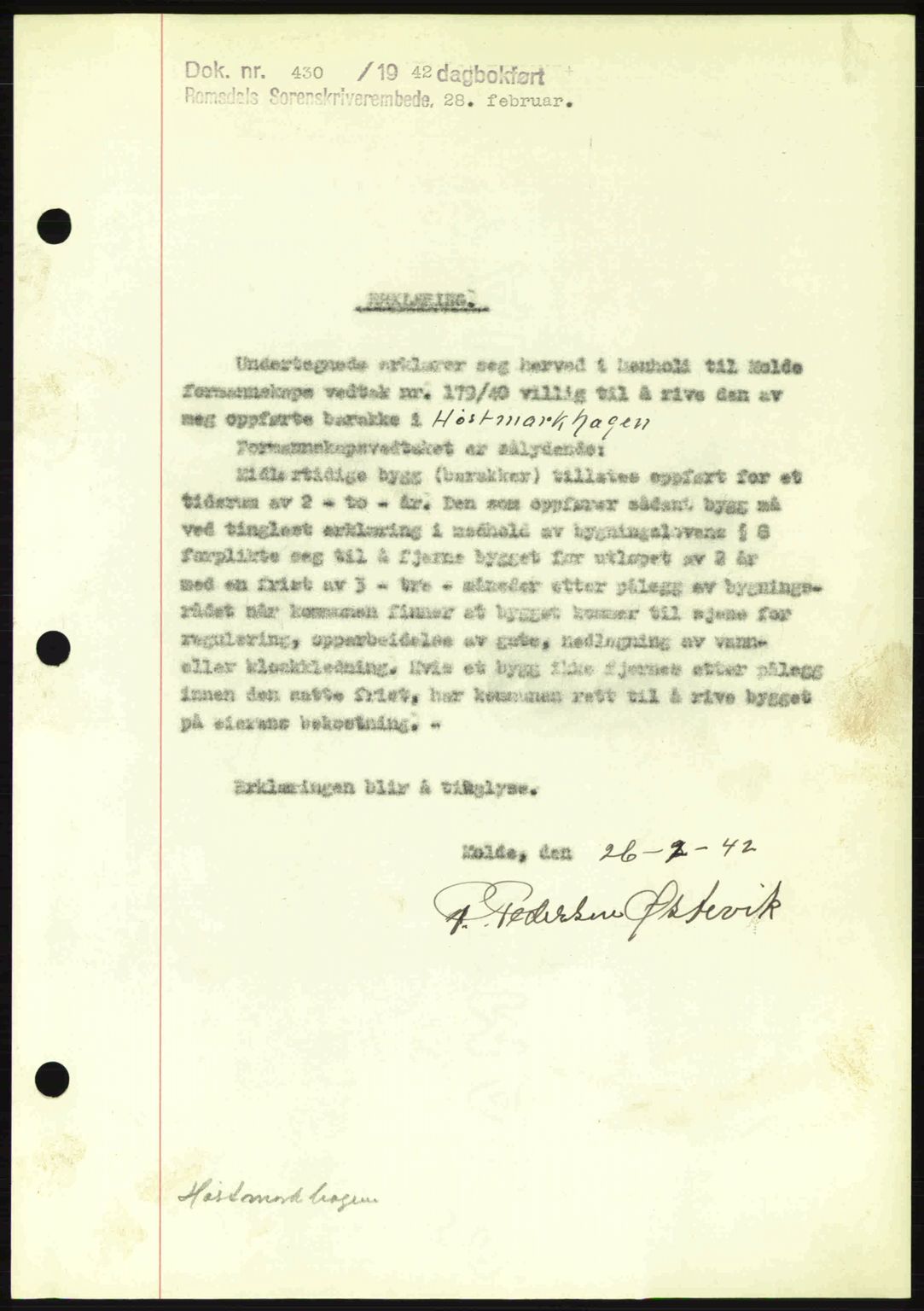 Romsdal sorenskriveri, SAT/A-4149/1/2/2C: Pantebok nr. B2, 1939-1945, Dagboknr: 430/1942