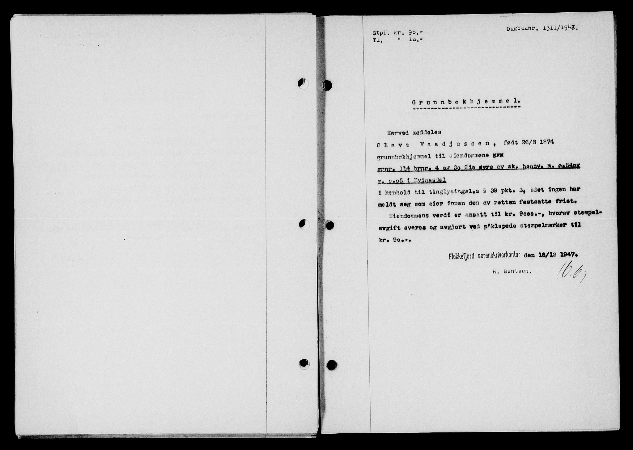 Flekkefjord sorenskriveri, SAK/1221-0001/G/Gb/Gba/L0063: Pantebok nr. A-11, 1947-1948, Dagboknr: 1311/1947