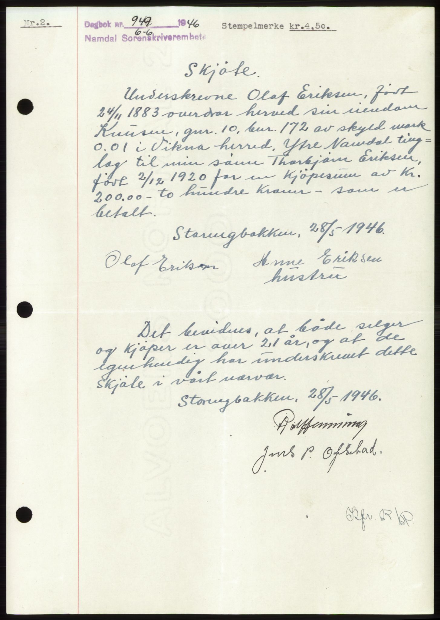 Namdal sorenskriveri, SAT/A-4133/1/2/2C: Pantebok nr. -, 1946-1946, Dagboknr: 949/1946