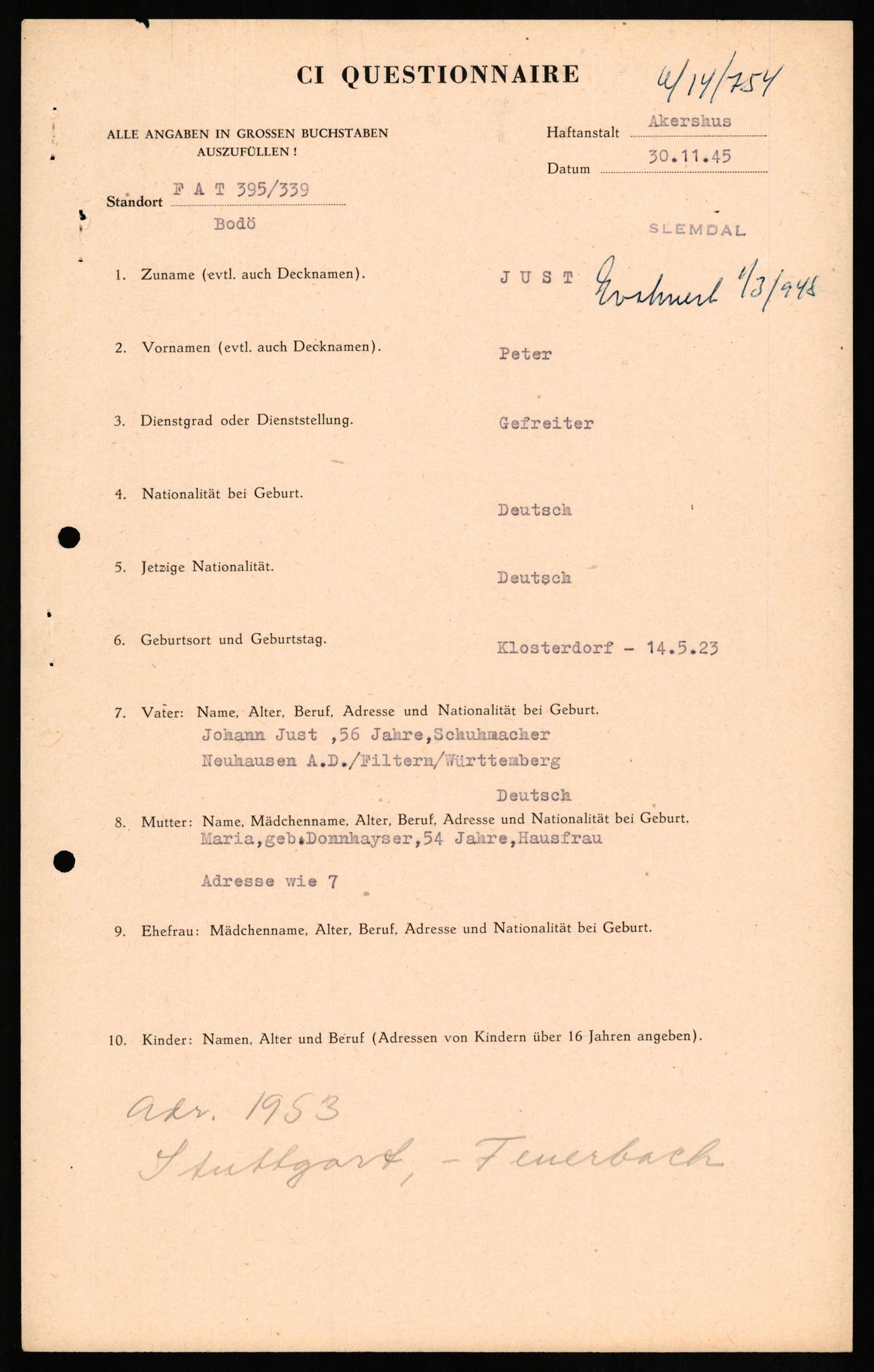 Forsvaret, Forsvarets overkommando II, AV/RA-RAFA-3915/D/Db/L0015: CI Questionaires. Tyske okkupasjonsstyrker i Norge. Tyskere., 1945-1946, s. 223