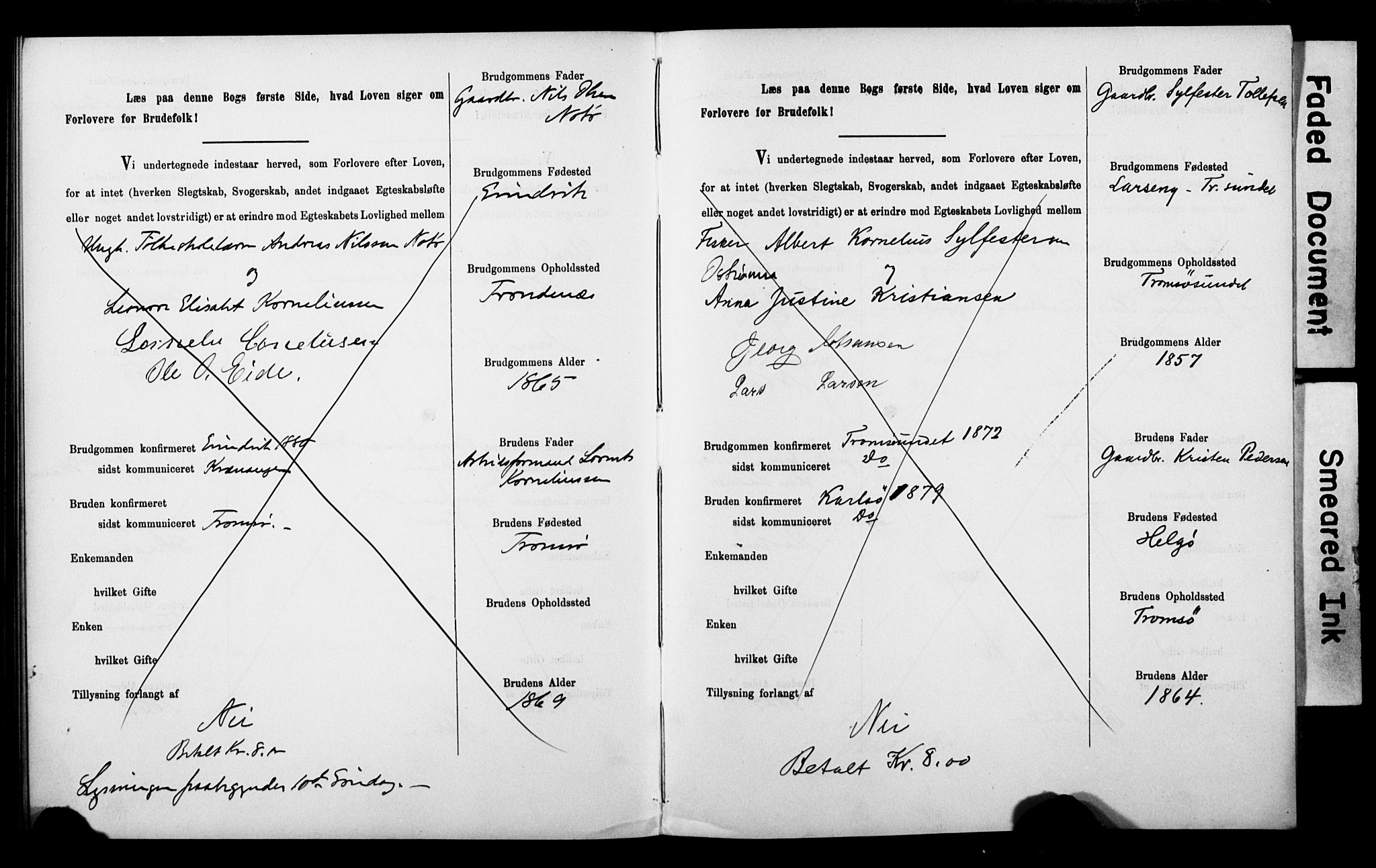 Tromsø sokneprestkontor/stiftsprosti/domprosti, AV/SATØ-S-1343/H/Hc/L0099/0001: Lysningsprotokoll nr. 99.1, 1886-1892