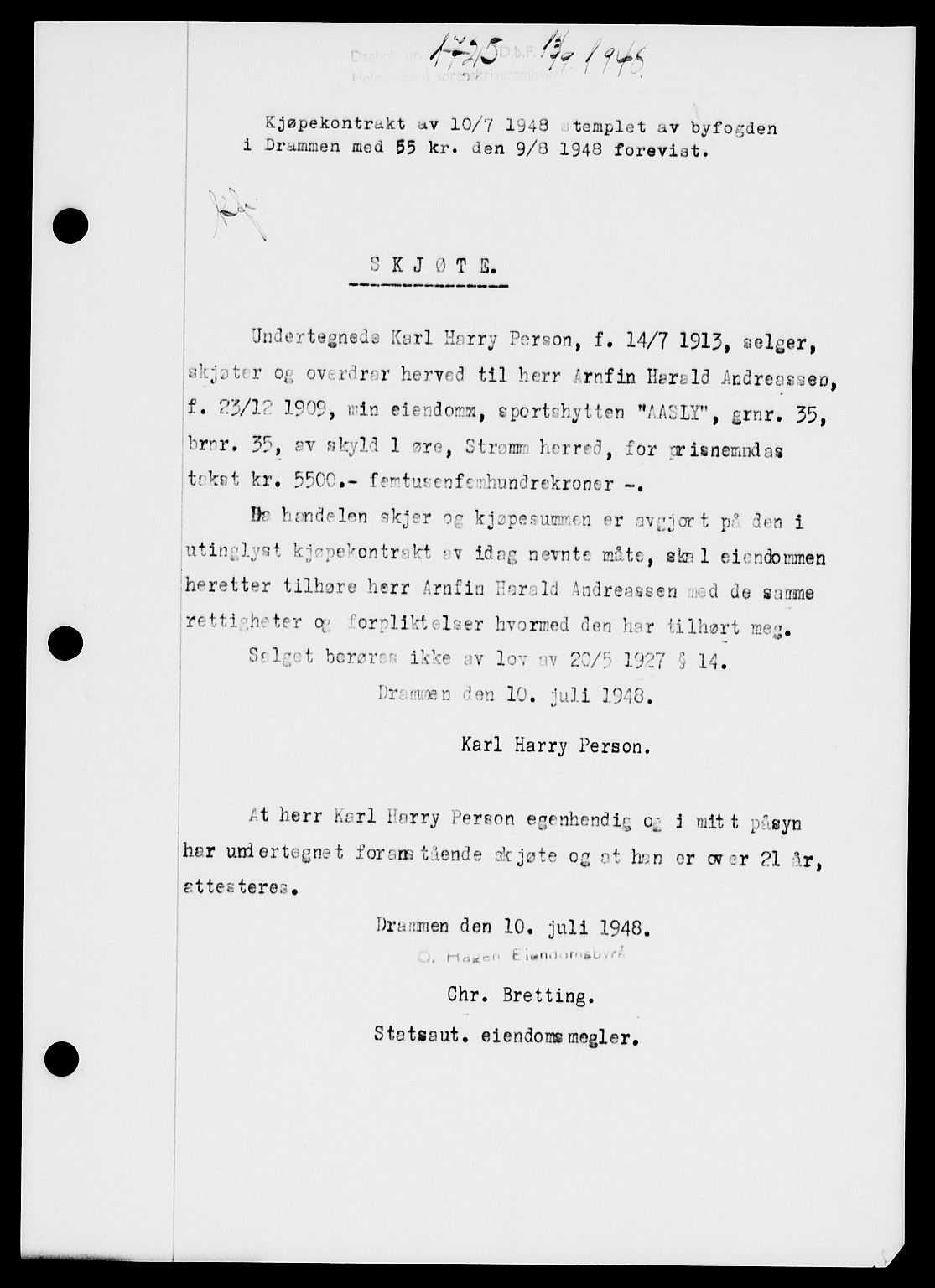 Holmestrand sorenskriveri, SAKO/A-67/G/Ga/Gaa/L0064: Pantebok nr. A-64, 1948-1948, Dagboknr: 1725/1948