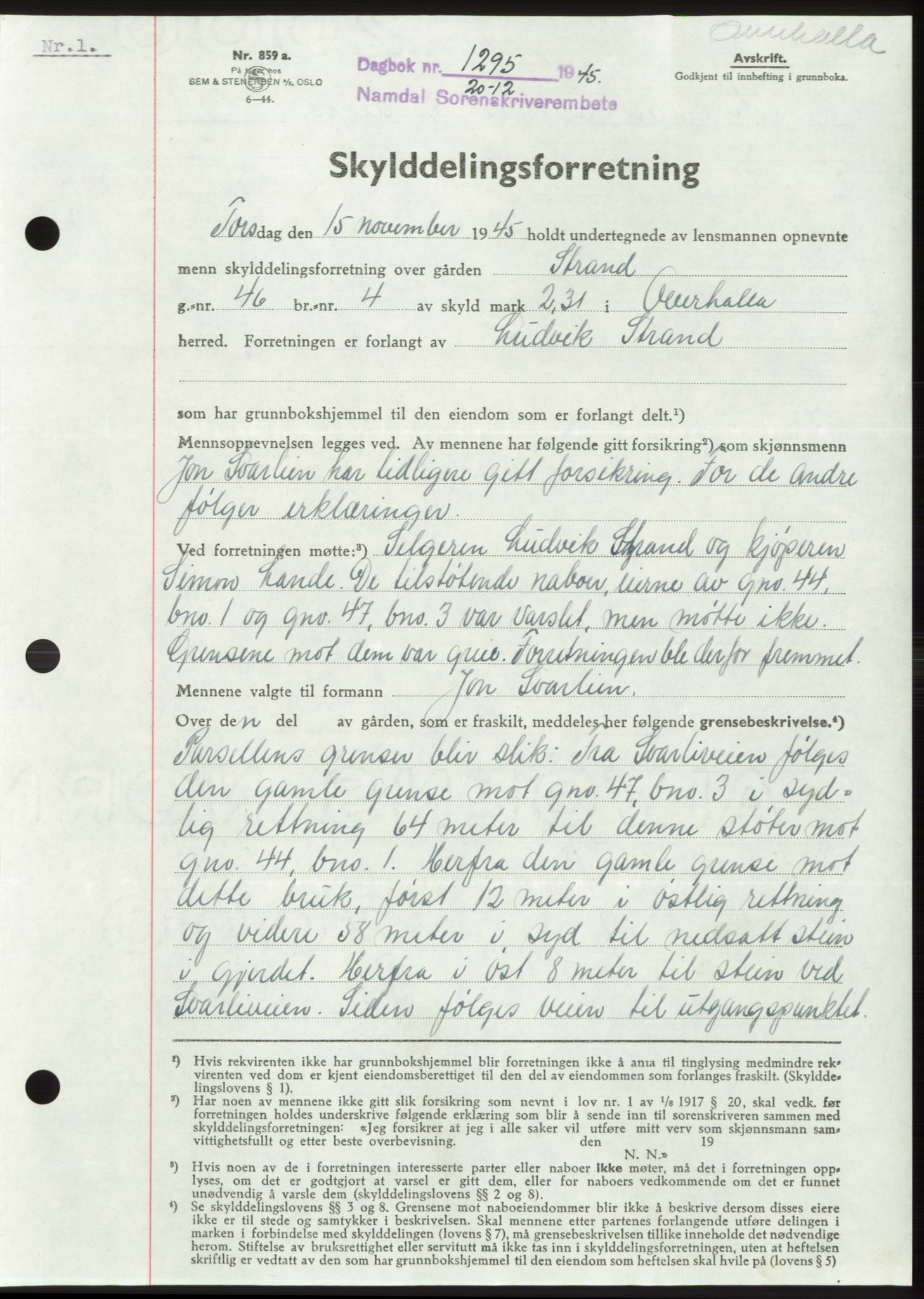 Namdal sorenskriveri, SAT/A-4133/1/2/2C: Pantebok nr. -, 1944-1945, Dagboknr: 1295/1945
