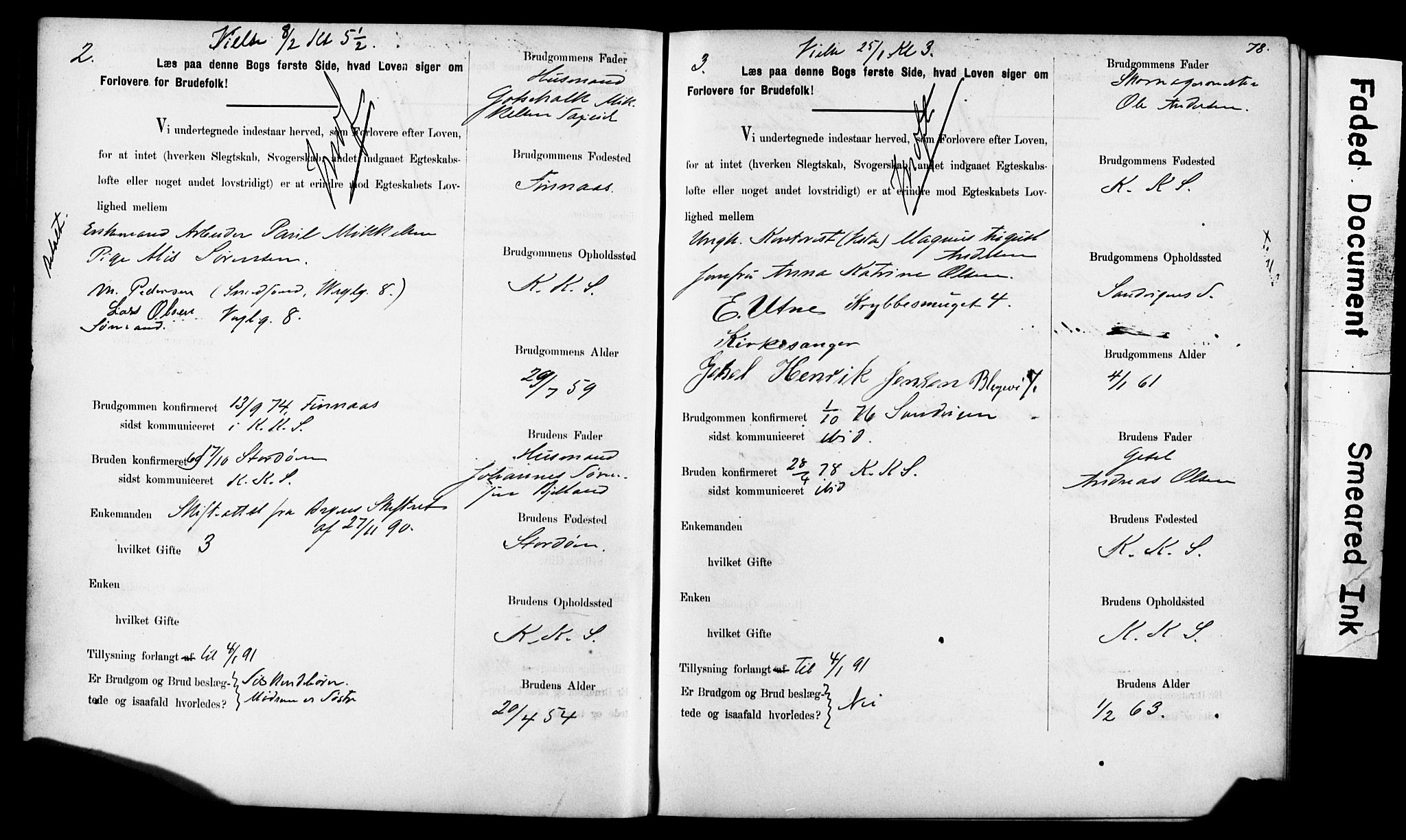 Korskirken sokneprestembete, SAB/A-76101: Forlovererklæringer nr. II.5.6, 1889-1898, s. 78