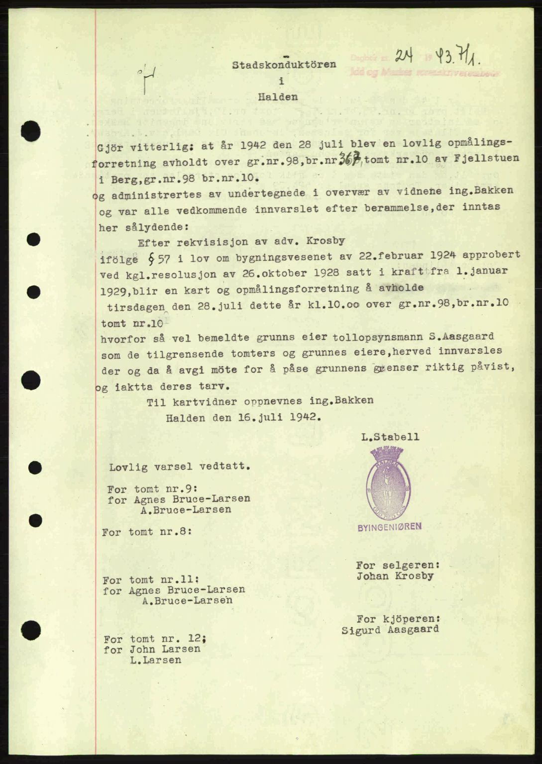 Idd og Marker sorenskriveri, AV/SAO-A-10283/G/Gb/Gbb/L0005: Pantebok nr. A5, 1941-1943, Dagboknr: 24/1943