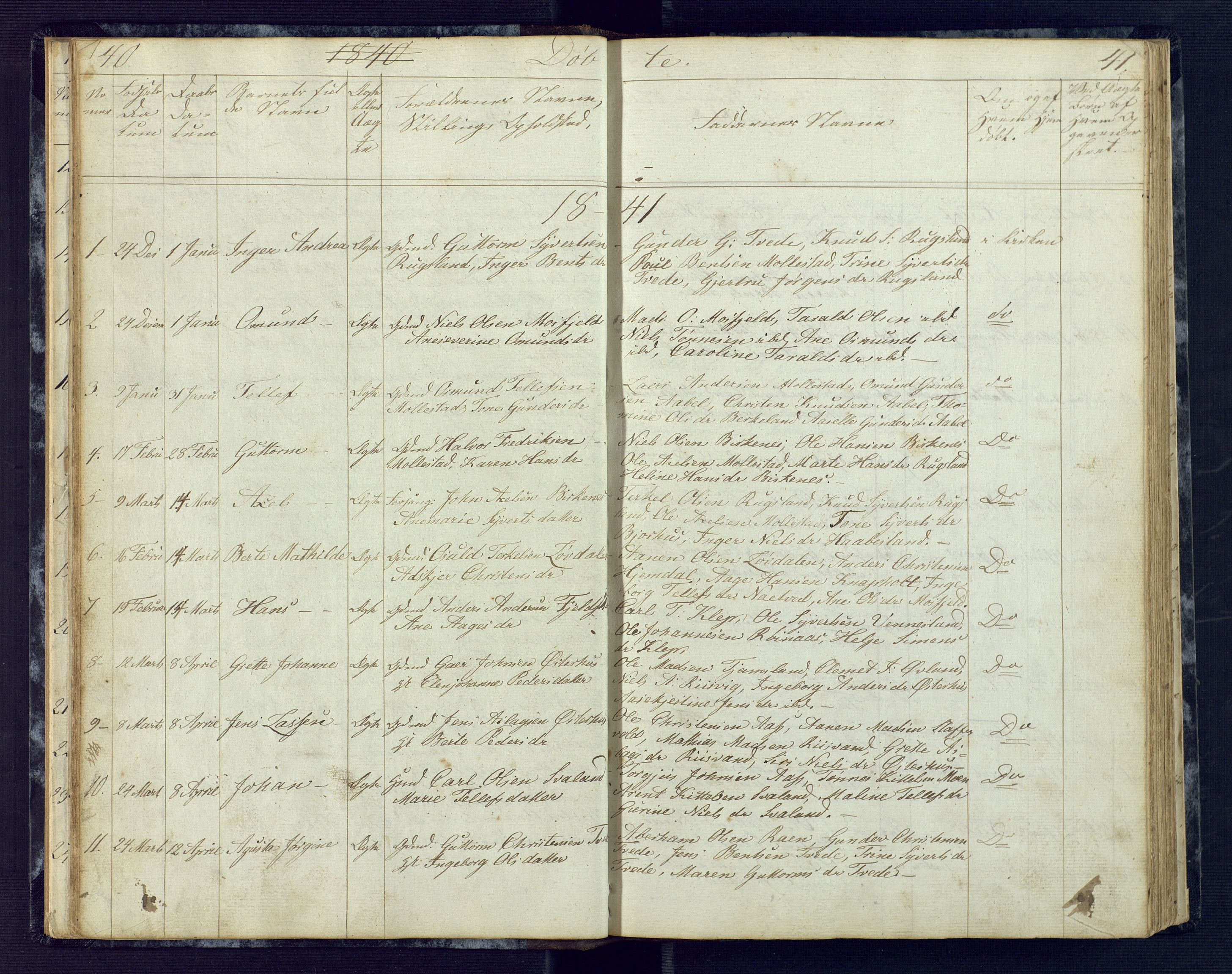 Birkenes sokneprestkontor, SAK/1111-0004/F/Fb/L0001: Klokkerbok nr. B 1, 1837-1856, s. 40-41