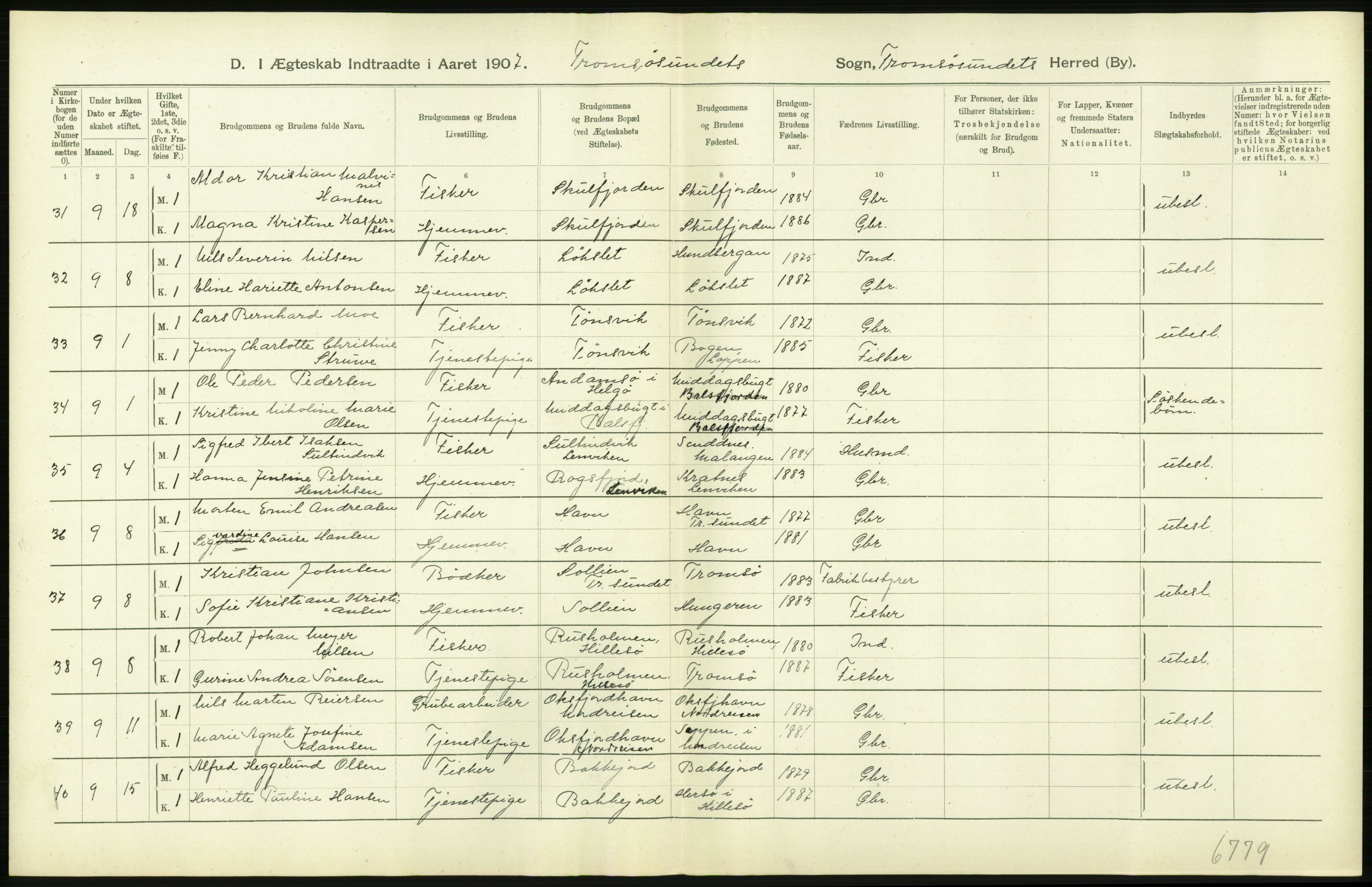 Statistisk sentralbyrå, Sosiodemografiske emner, Befolkning, AV/RA-S-2228/D/Df/Dfa/Dfae/L0047: Tromsø amt: Gifte, døde, dødfødte. Bygder og byer., 1907, s. 8