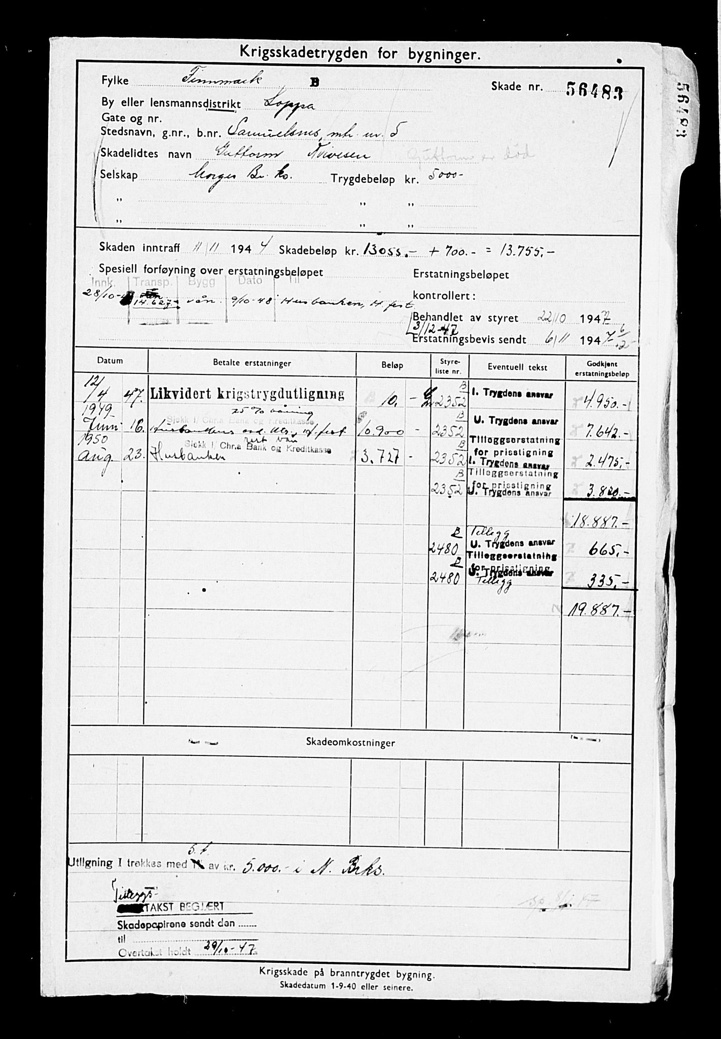 Krigsskadetrygdene for bygninger og løsøre, AV/RA-S-1548/V/L0013: Bygning. Trygdete skader inntruffet etter 1/9-40. Skadenr. 56479-59129. positiv Original, 1940-1945