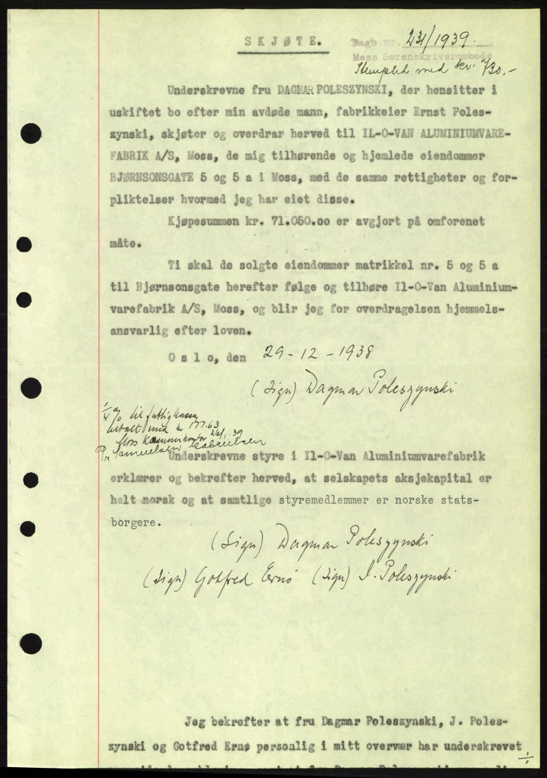 Moss sorenskriveri, SAO/A-10168: Pantebok nr. A5, 1938-1939, Dagboknr: 231/1939