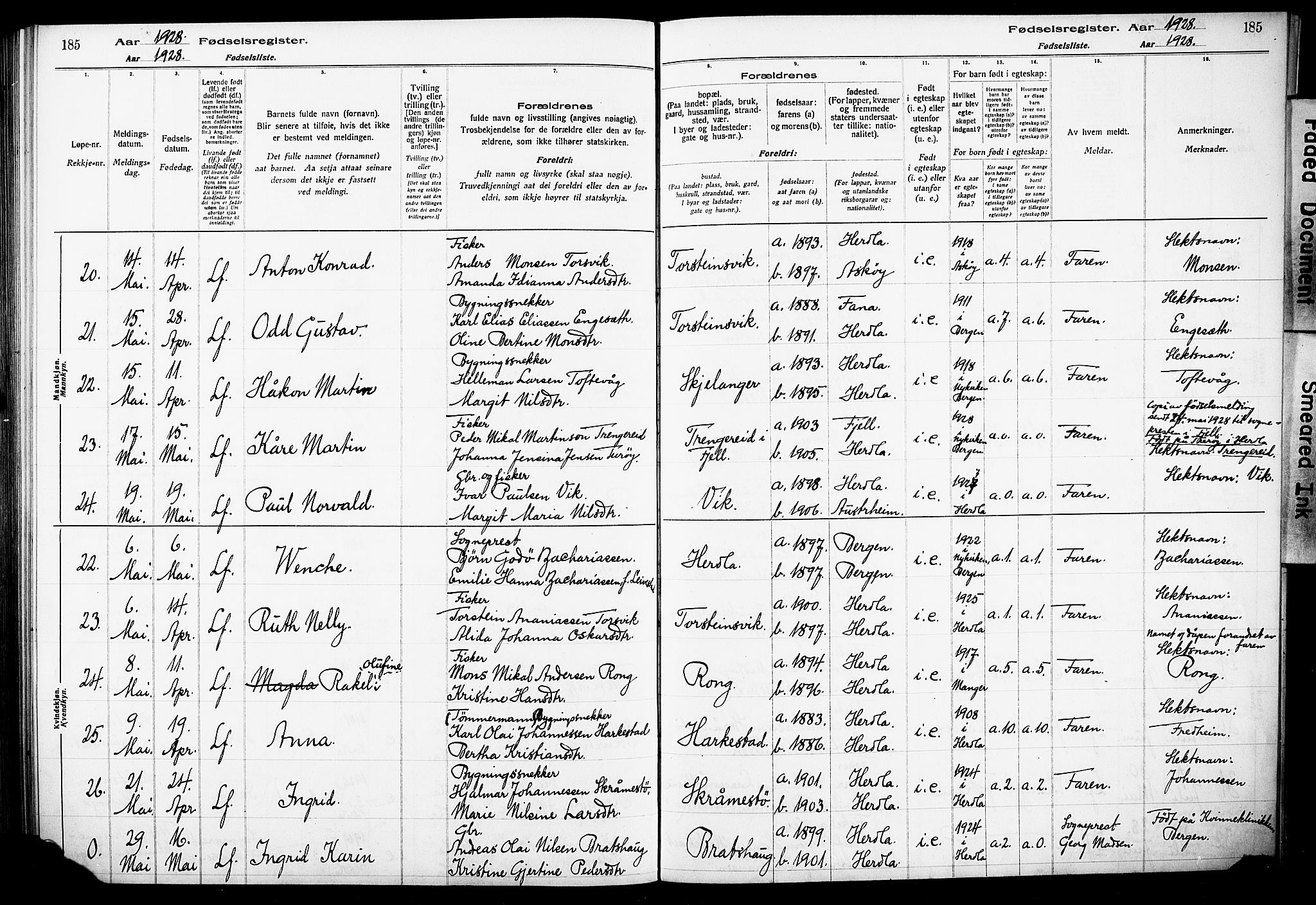 Herdla Sokneprestembete, AV/SAB-A-75701/I/Id/L00A1: Fødselsregister nr. A 1, 1916-1929, s. 185