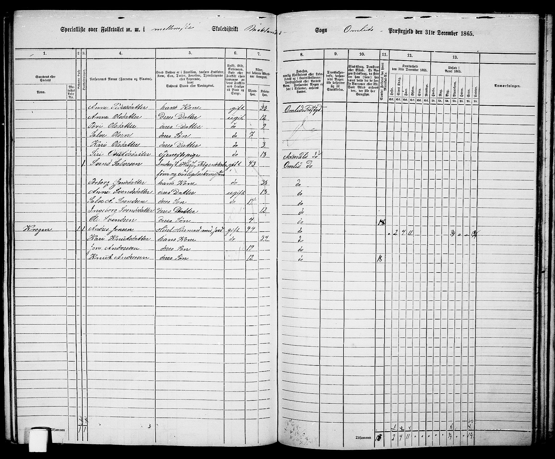 RA, Folketelling 1865 for 0929P Åmli prestegjeld, 1865, s. 88