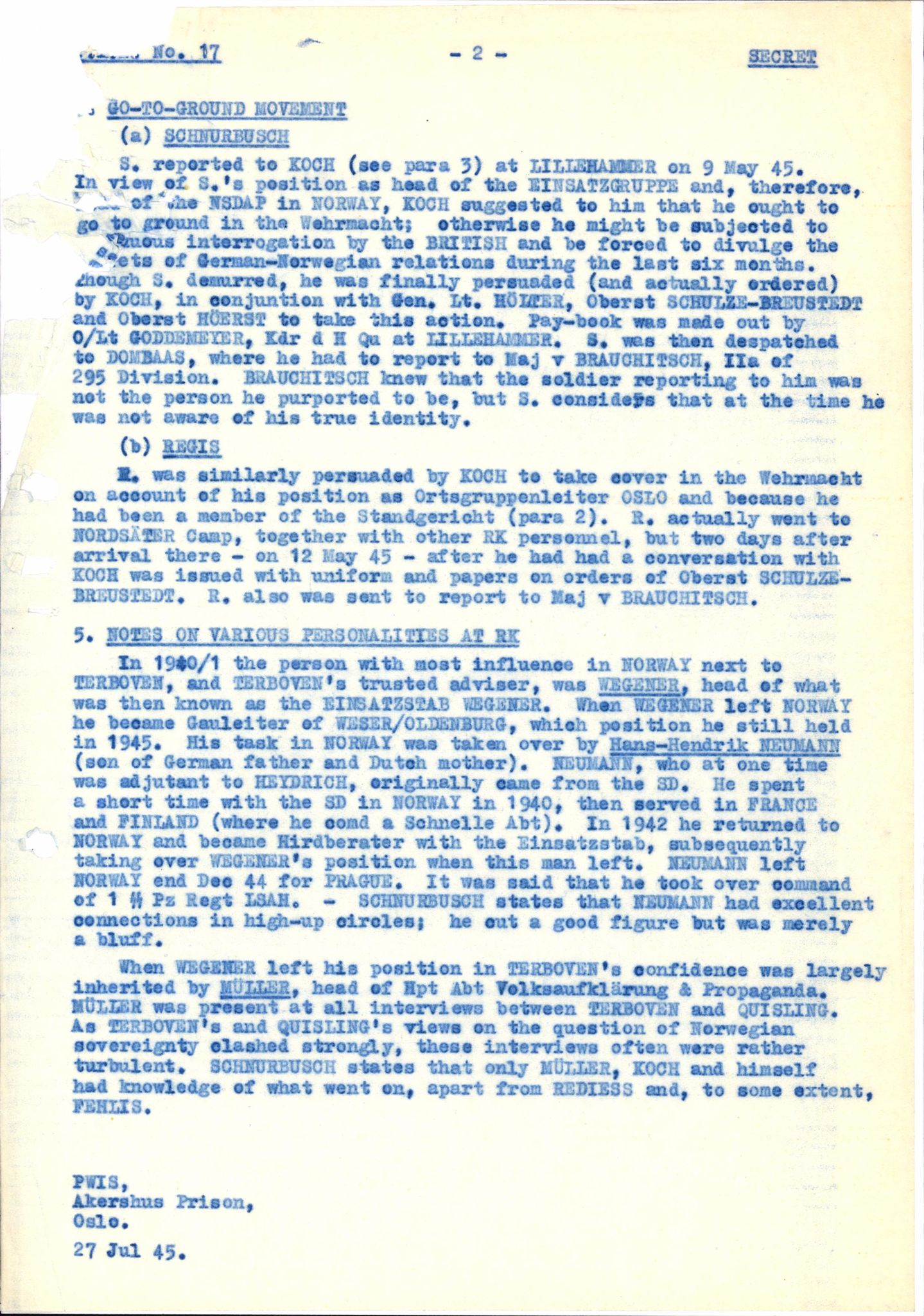 Forsvaret, Forsvarets overkommando II, AV/RA-RAFA-3915/D/Db/L0030: CI Questionaires. Tyske okkupasjonsstyrker i Norge. Tyskere., 1945-1946, s. 135