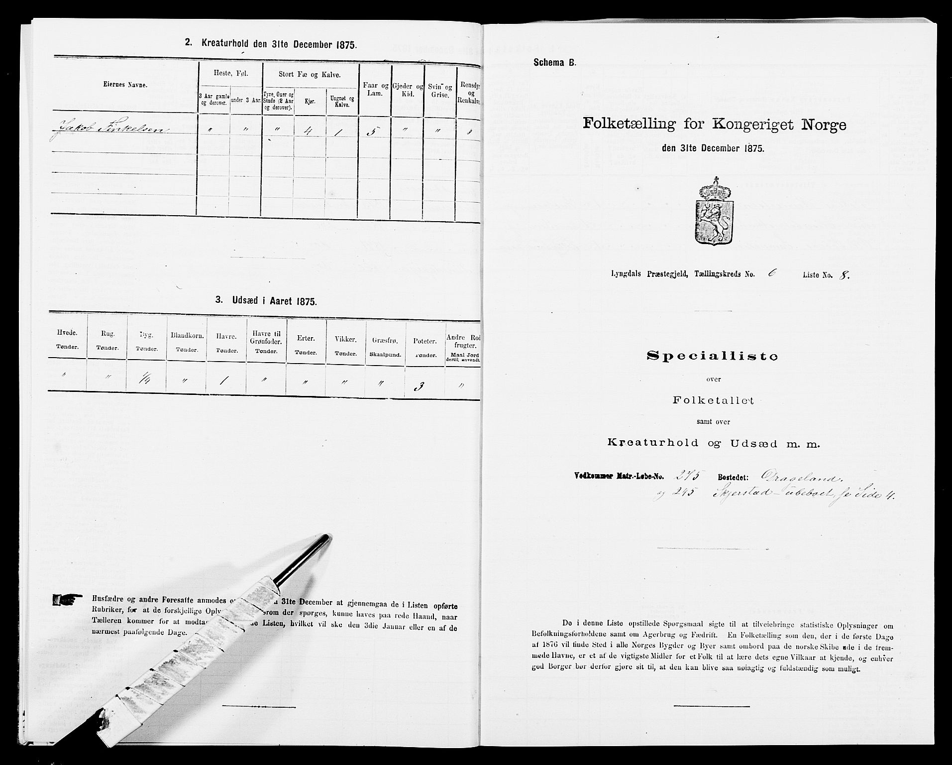 SAK, Folketelling 1875 for 1032P Lyngdal prestegjeld, 1875, s. 979