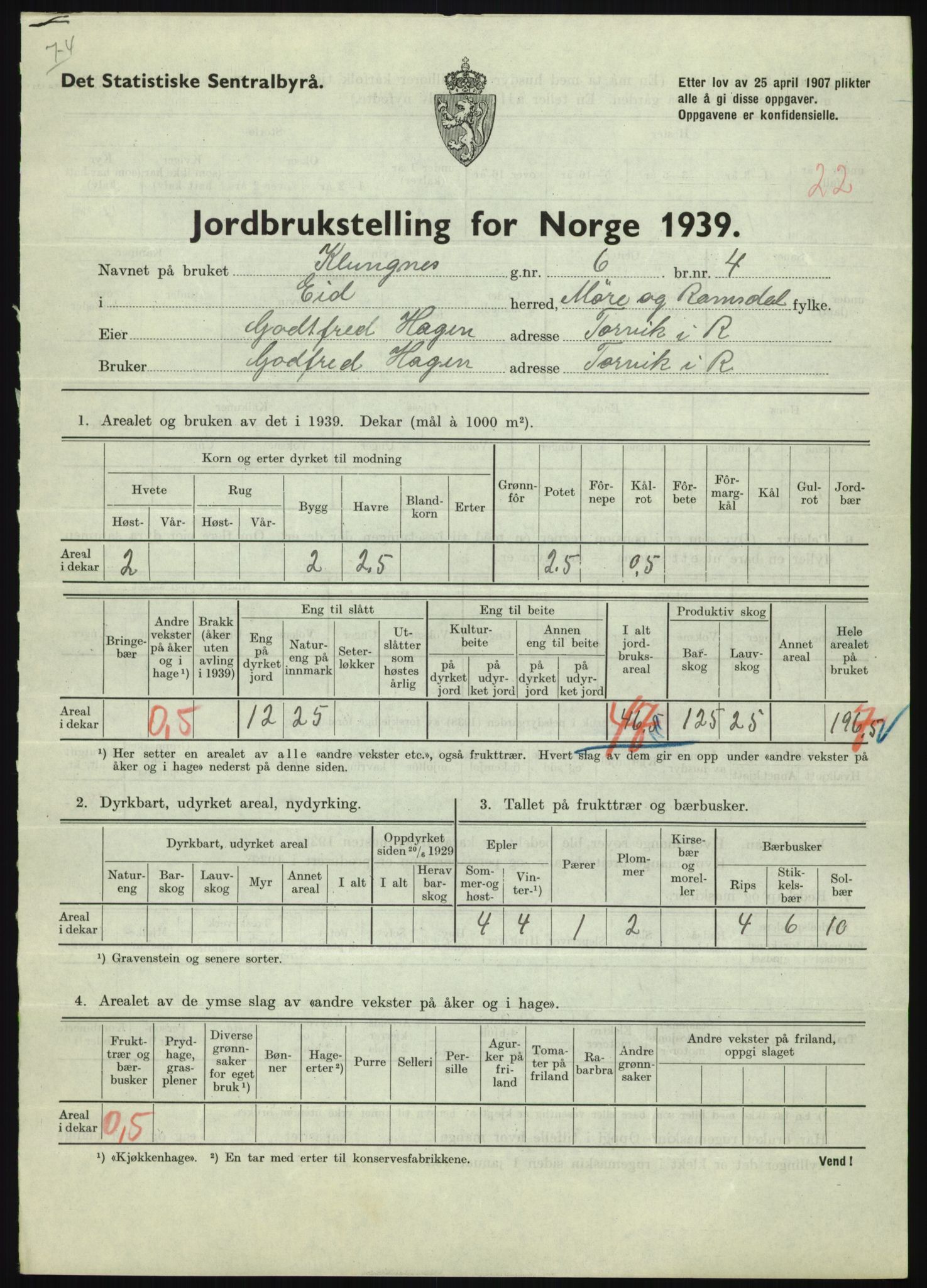 Statistisk sentralbyrå, Næringsøkonomiske emner, Jordbruk, skogbruk, jakt, fiske og fangst, AV/RA-S-2234/G/Gb/L0251: Møre og Romsdal: Voll, Eid, Grytten og Hen, 1939, s. 437