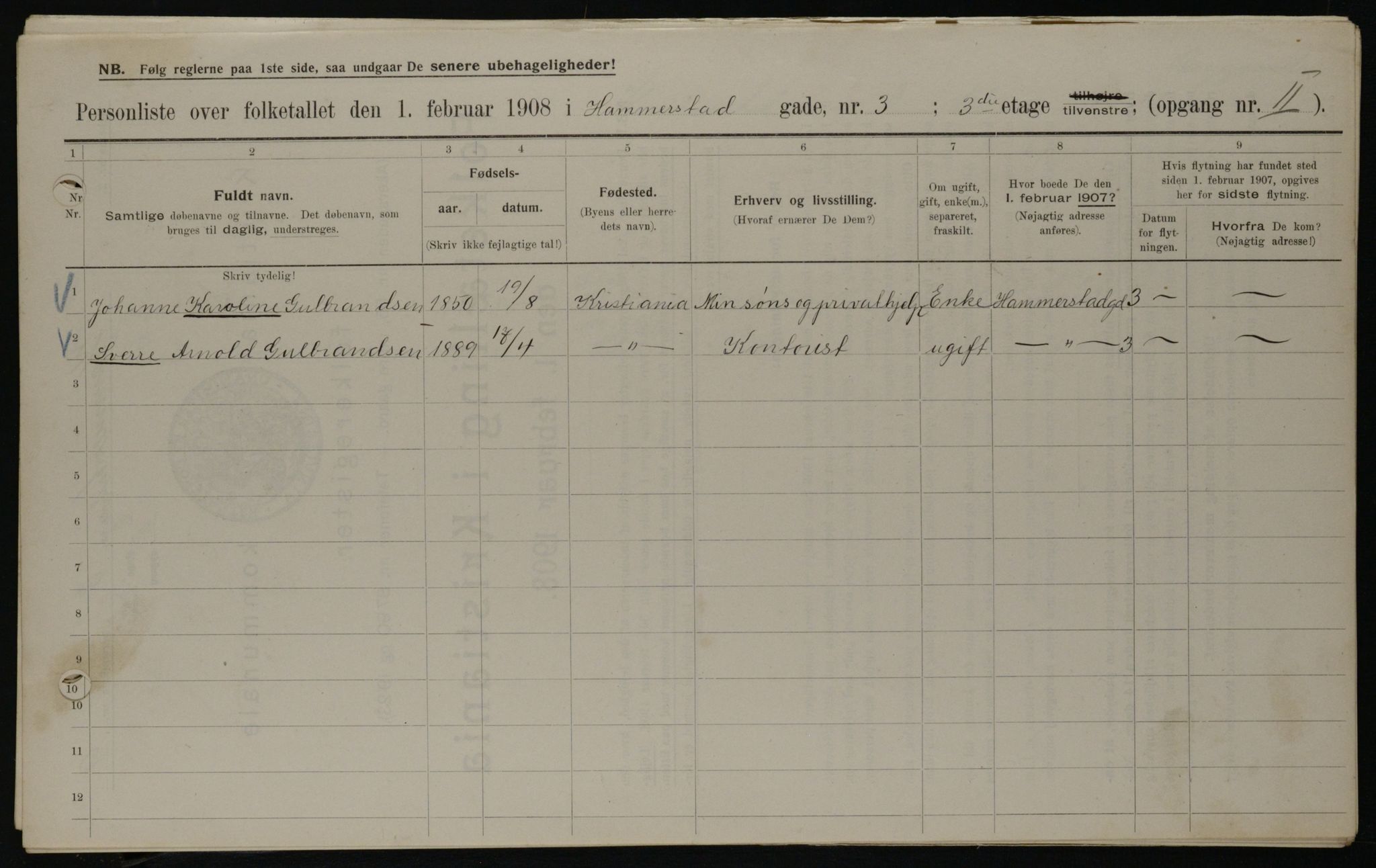 OBA, Kommunal folketelling 1.2.1908 for Kristiania kjøpstad, 1908, s. 31157