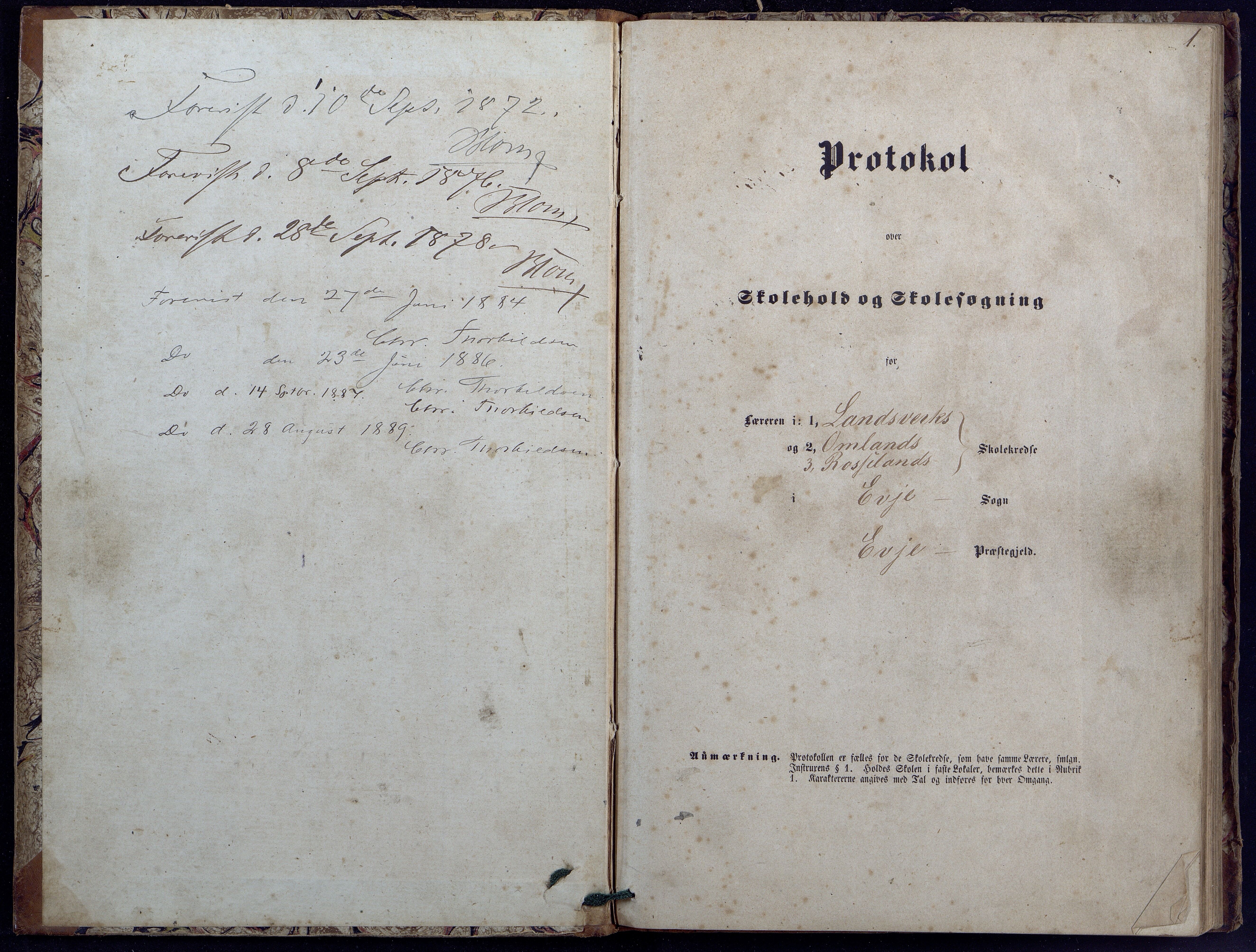 Evje kommune, Landsverk/Omland/Rosseland skolekretser, AAKS/KA0937-550d/F1/L0001: Skoleprotokoll for Landsverk, Omland, Rosseland skolekretser, 1863-1888, s. 1