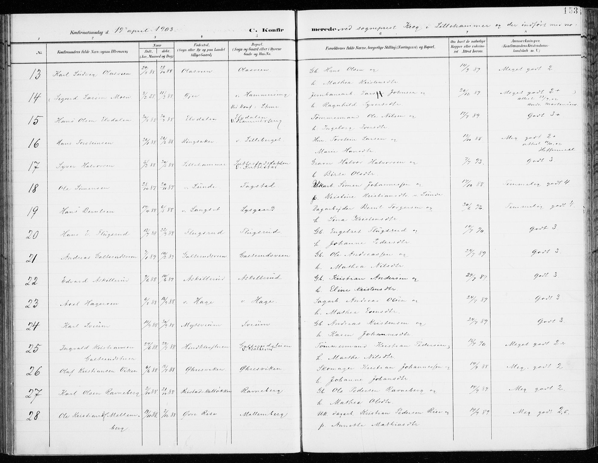 Fåberg prestekontor, SAH/PREST-086/H/Ha/Haa/L0011: Ministerialbok nr. 11, 1899-1913, s. 153