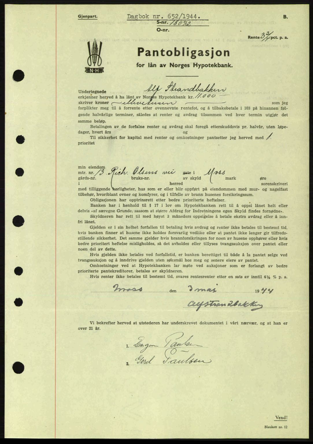 Moss sorenskriveri, SAO/A-10168: Pantebok nr. B13, 1943-1945, Dagboknr: 652/1944