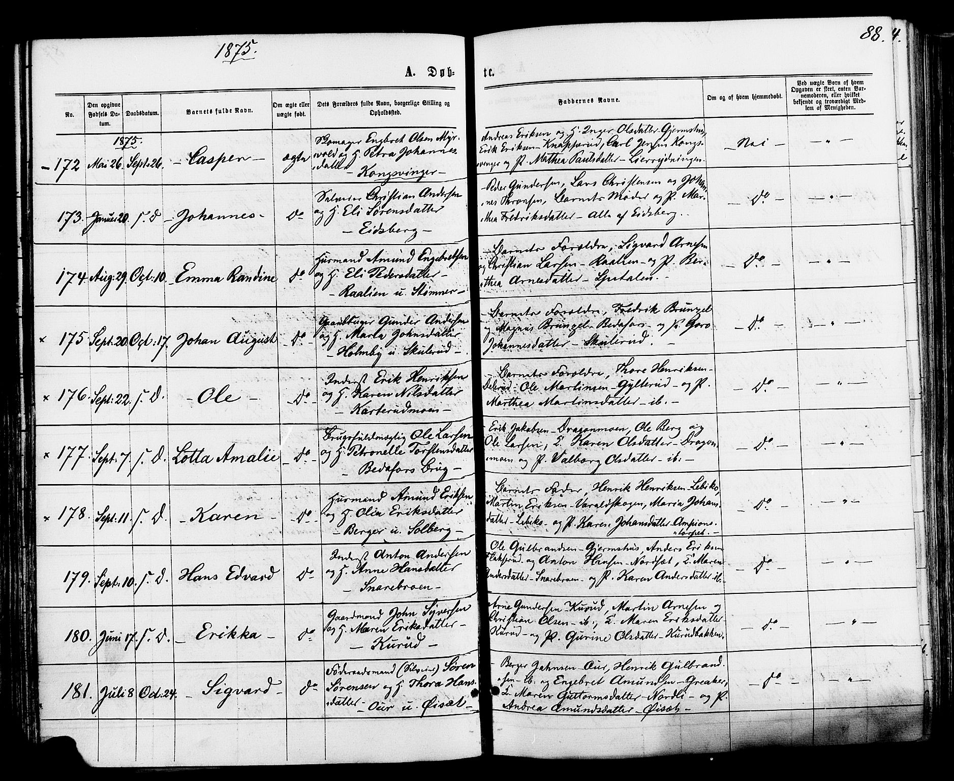 Vinger prestekontor, AV/SAH-PREST-024/H/Ha/Haa/L0012: Ministerialbok nr. 12, 1871-1880, s. 88