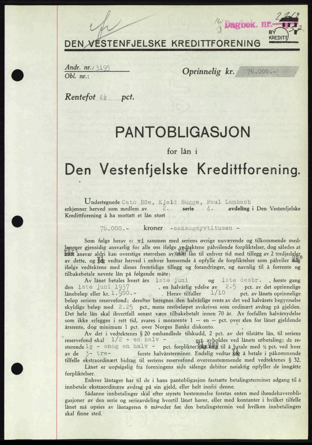 Byfogd og Byskriver i Bergen, SAB/A-3401/03/03Bd/L0001: Pantebok nr. B1-25, 1936-1945, Dagboknr: 2719/1937