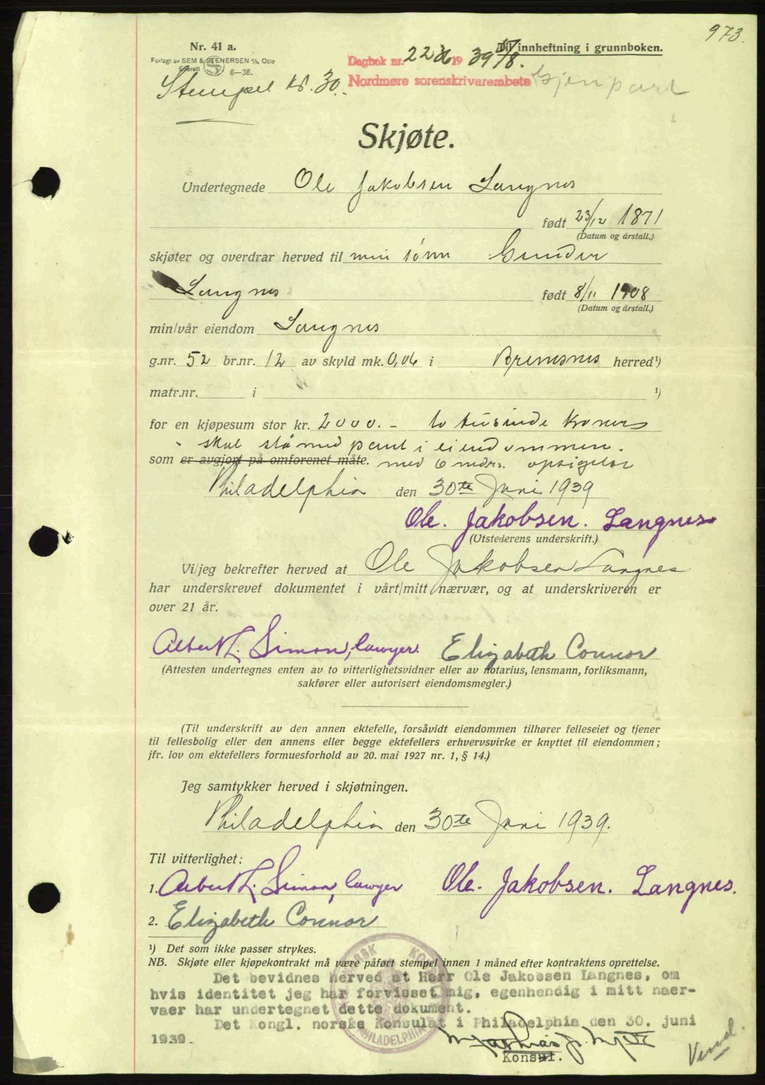 Nordmøre sorenskriveri, SAT/A-4132/1/2/2Ca: Pantebok nr. A86, 1939-1939, Dagboknr: 2236/1939