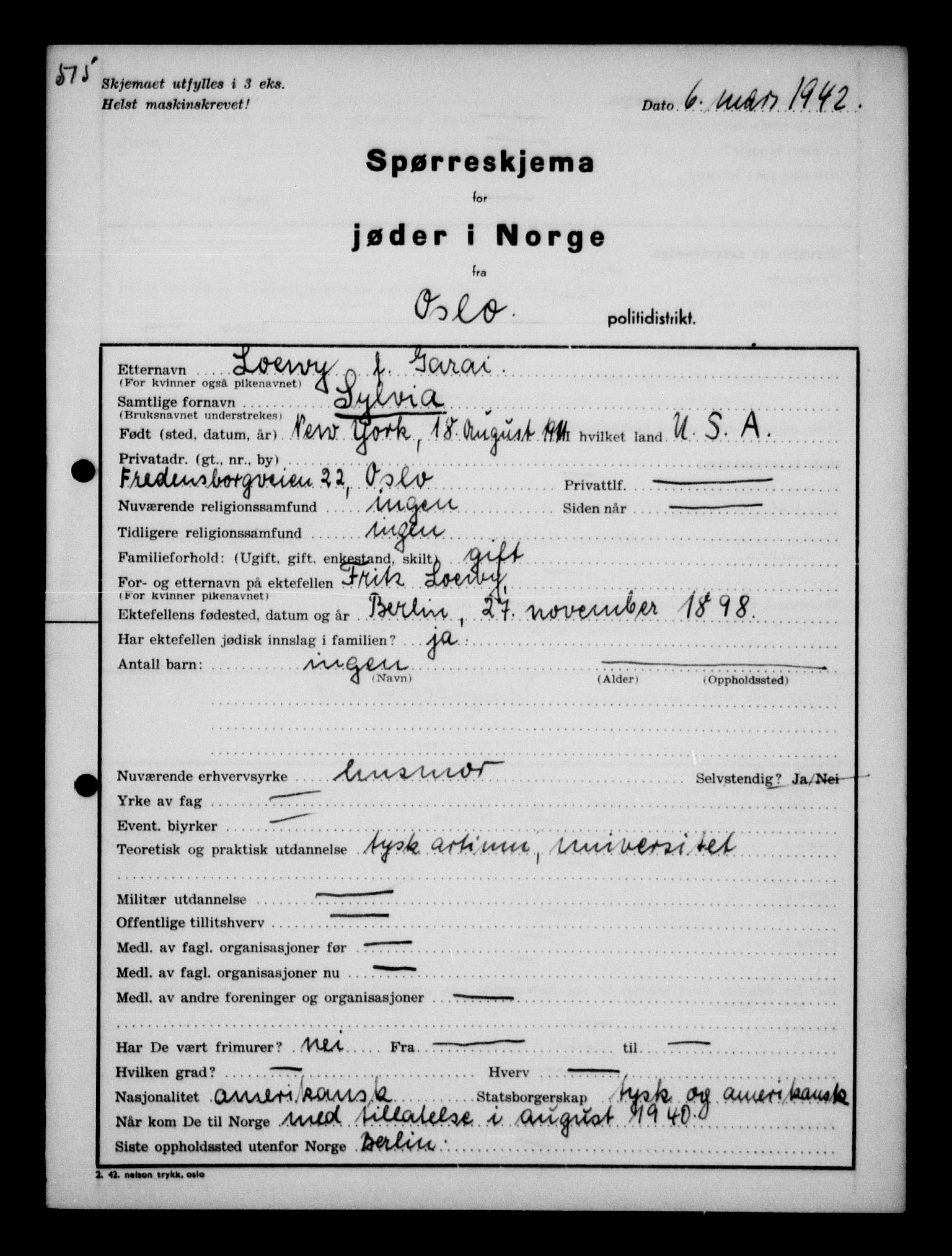 Statspolitiet - Hovedkontoret / Osloavdelingen, AV/RA-S-1329/G/Ga/L0010: Spørreskjema for jøder i Norge: Jøder bosatt i Oslo, Hansen - Pintzow, 1942, s. 763