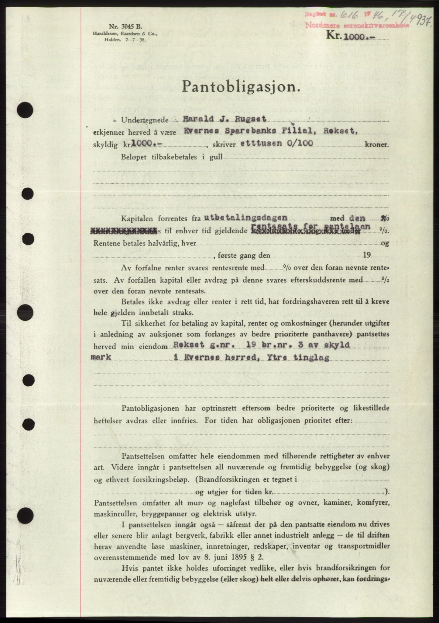 Nordmøre sorenskriveri, SAT/A-4132/1/2/2Ca: Pantebok nr. B93b, 1946-1946, Dagboknr: 616/1946