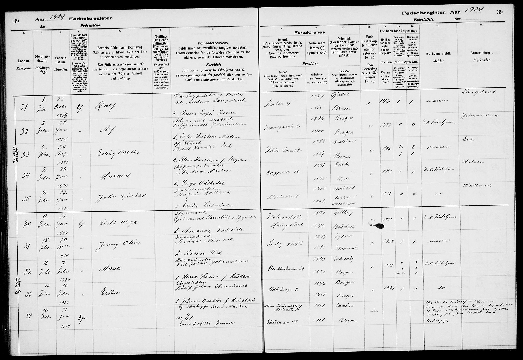 Sandviken Sokneprestembete, AV/SAB-A-77601/I/Ib/L00A3: Fødselsregister nr. A 3, 1923-1926, s. 39