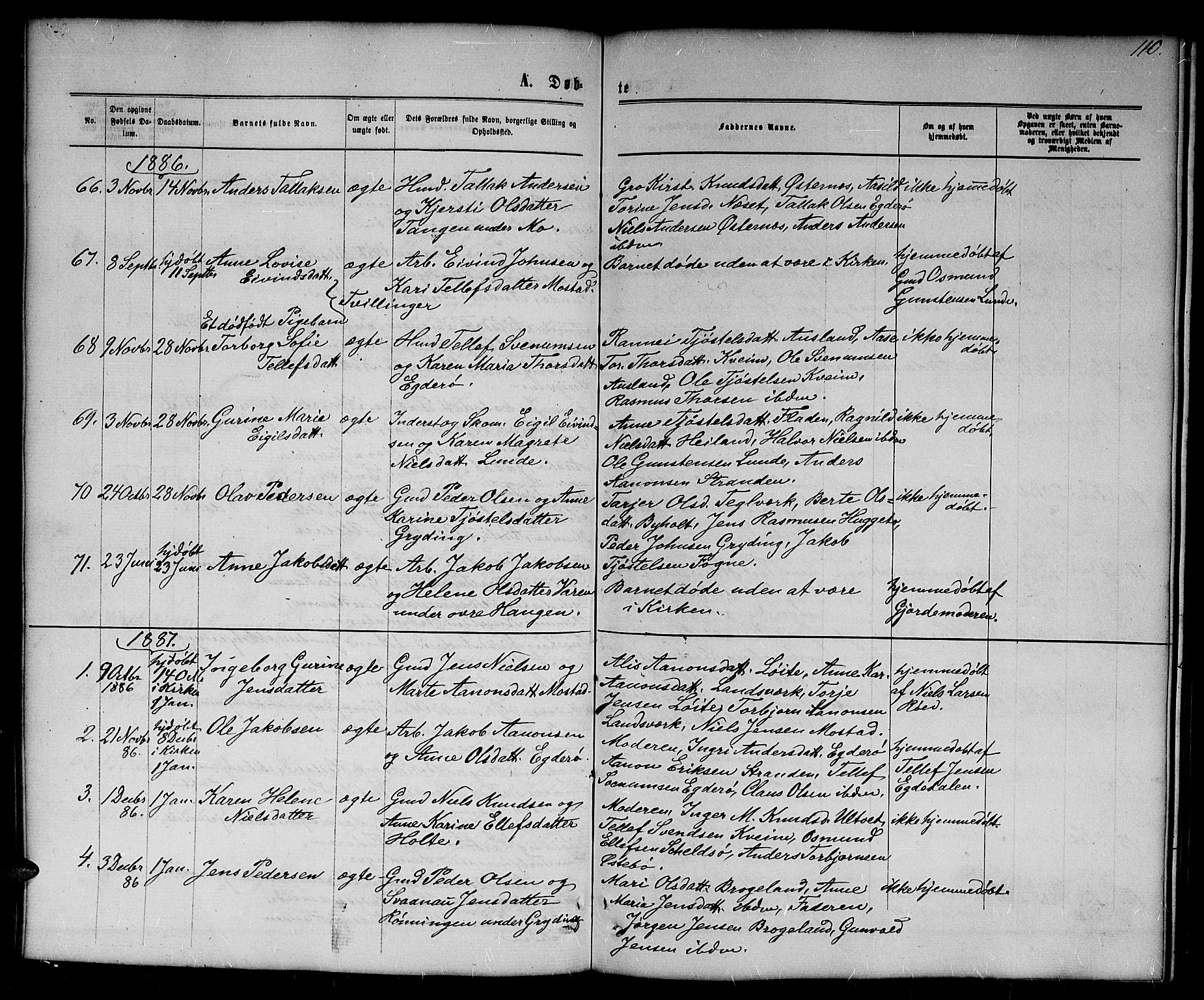 Gjerstad sokneprestkontor, SAK/1111-0014/F/Fb/Fba/L0006: Klokkerbok nr. B 6, 1868-1890, s. 110