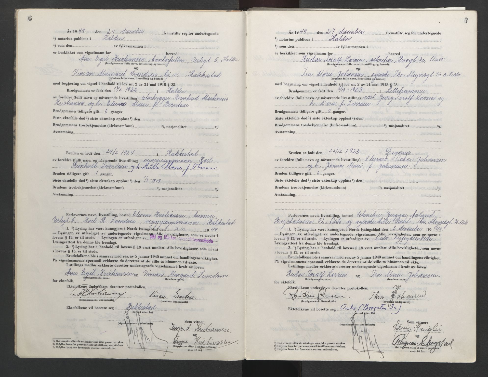 Idd og Marker sorenskriveri, AV/SAO-A-10283/L/Lc/L0002: Vigselsbok, 1949-1954, s. 6-7