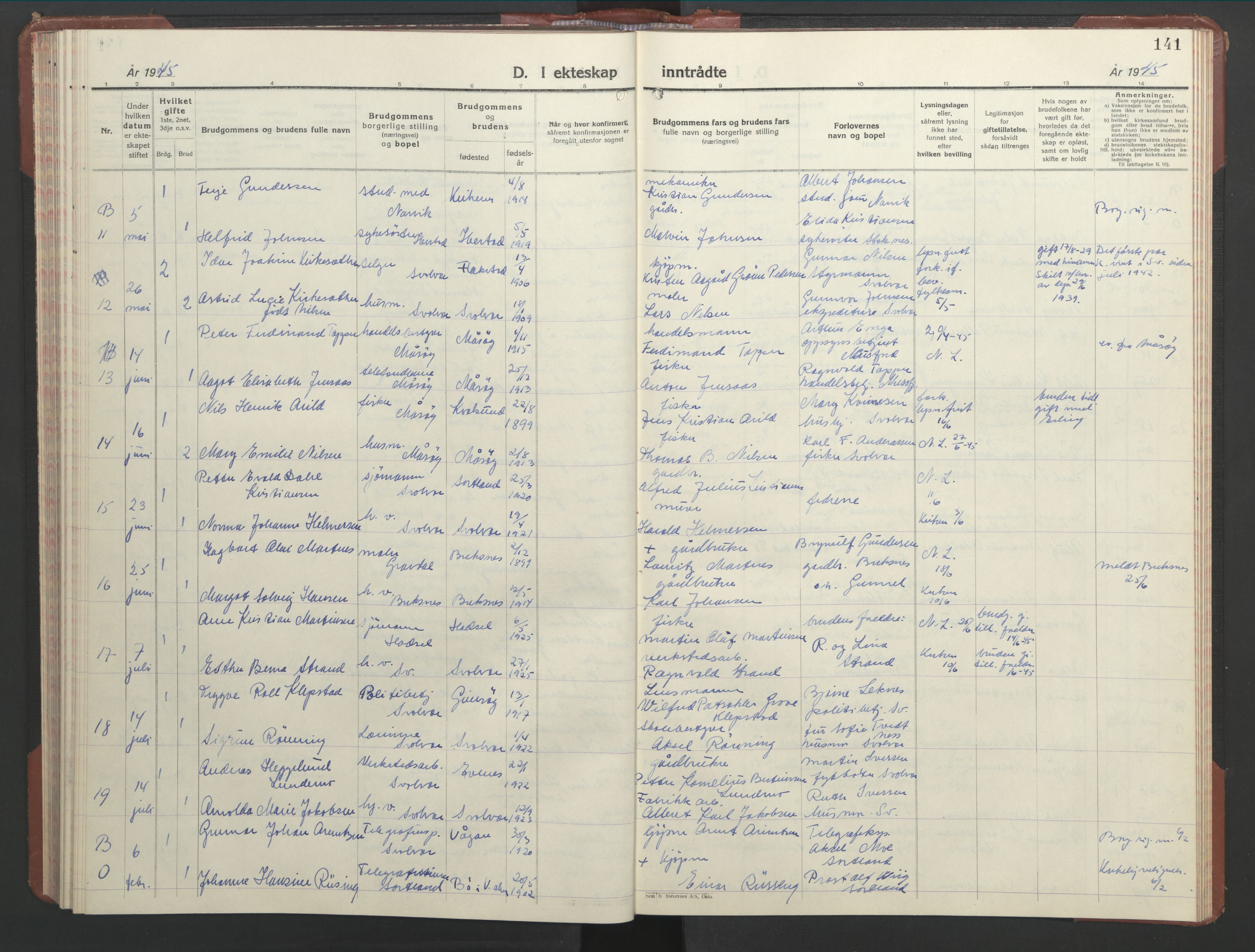 Ministerialprotokoller, klokkerbøker og fødselsregistre - Nordland, AV/SAT-A-1459/877/L1118: Klokkerbok nr. 877C02, 1939-1950, s. 141