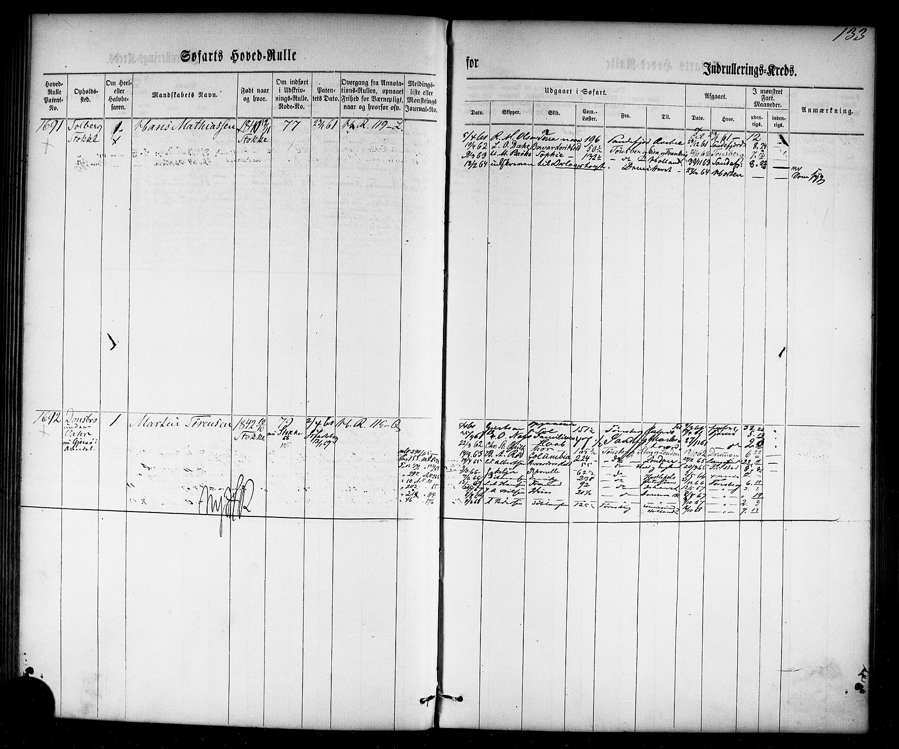 Tønsberg innrulleringskontor, SAKO/A-786/F/Fc/Fca/L0002: Hovedrulle Patent nr. 1429-2133, 1861-1868, s. 172