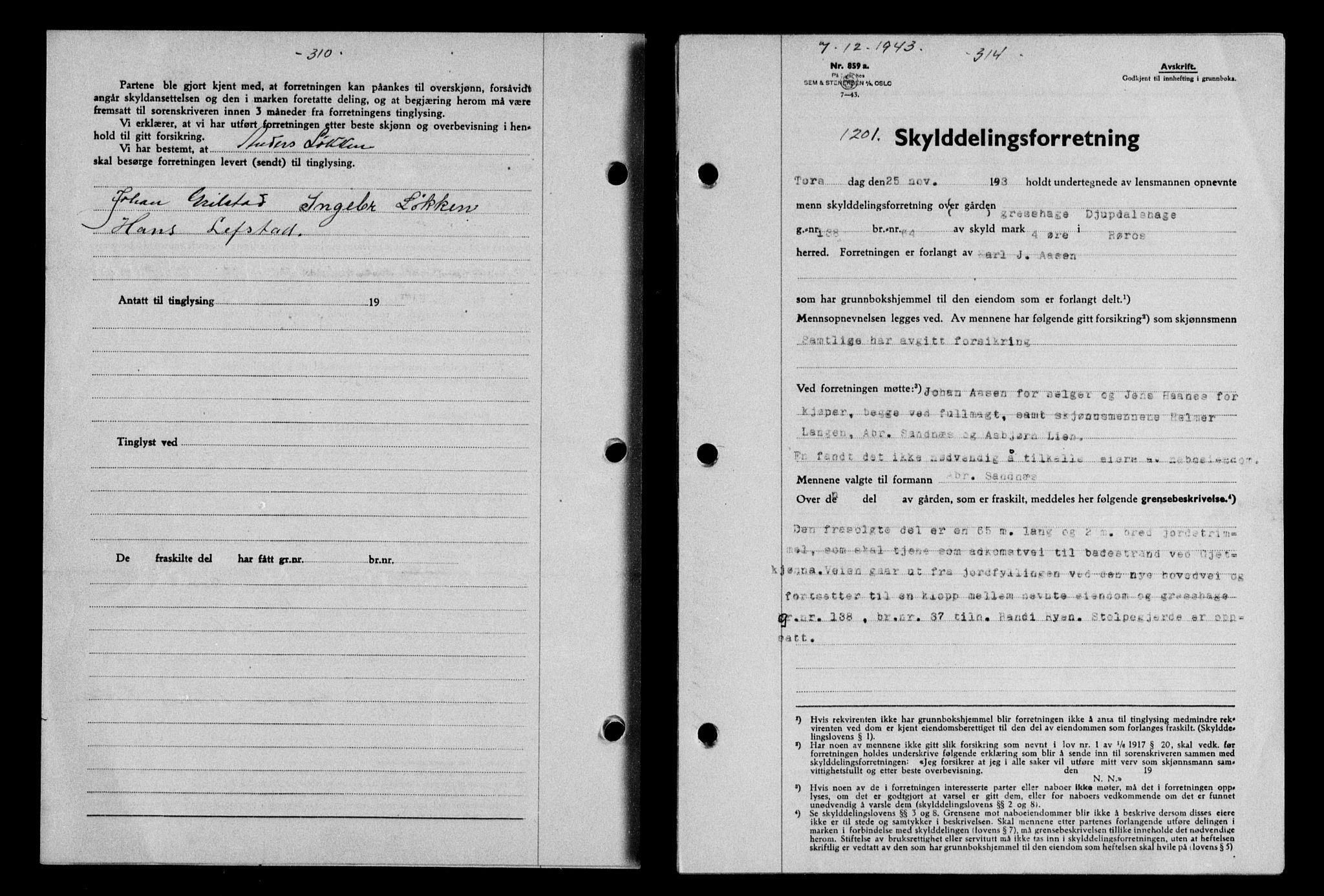 Gauldal sorenskriveri, SAT/A-0014/1/2/2C/L0057: Pantebok nr. 62, 1943-1944, Dagboknr: 1201/1943